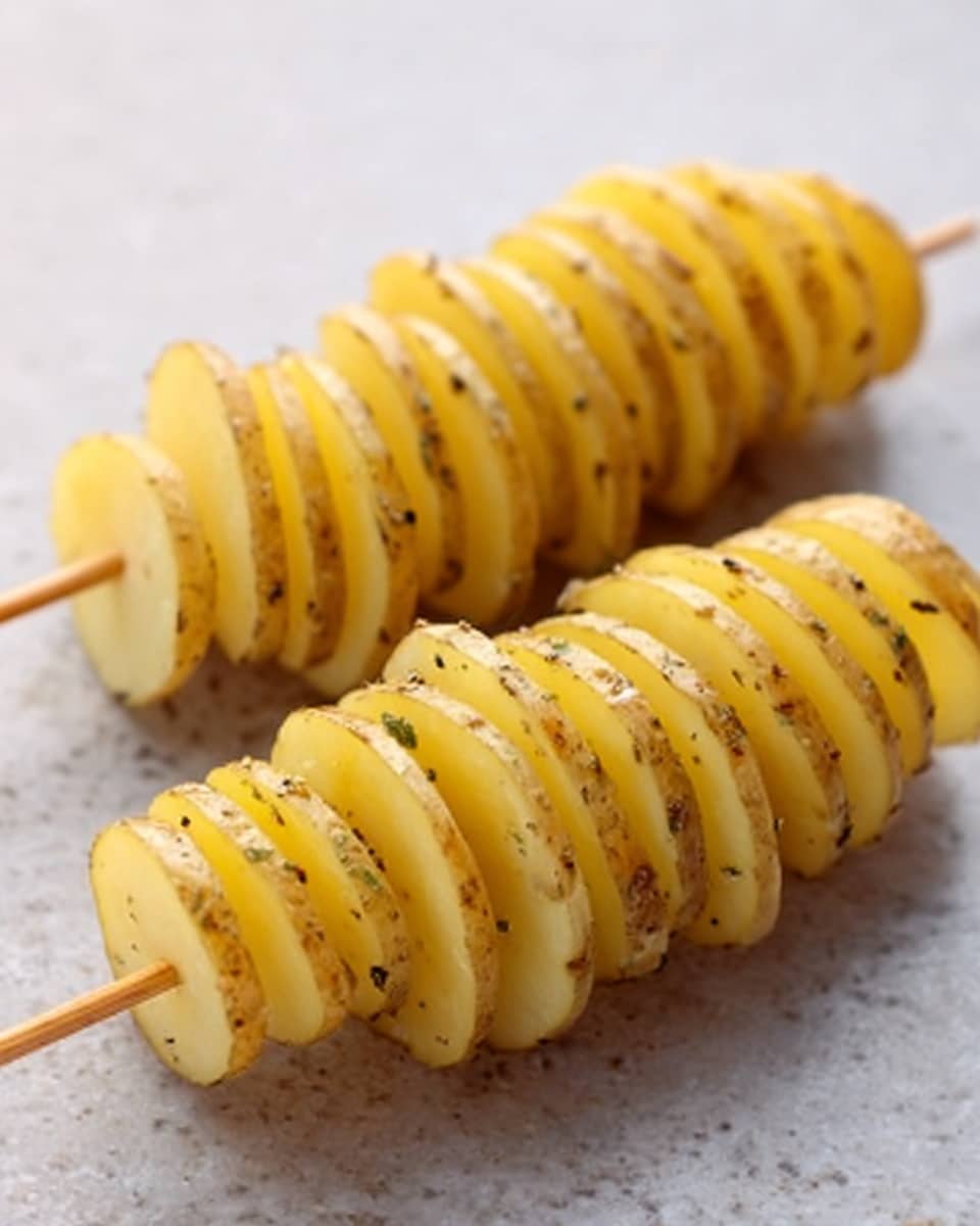 Two spiral-shaped potatoes on wooden skewers lie on a white marbled surface. Each potato is thinly sliced in a spiral pattern, with the slices evenly spaced and showing a soft yellow color with some light brown seasoning spots, likely pepper or herbs. The skewers go through the center of the potatoes horizontally, making them look like twisted spiral sticks. The background is a smooth white marbled texture, adding a clean and bright feel to the image. photo taken with an iphone --ar 4:5 --v 7