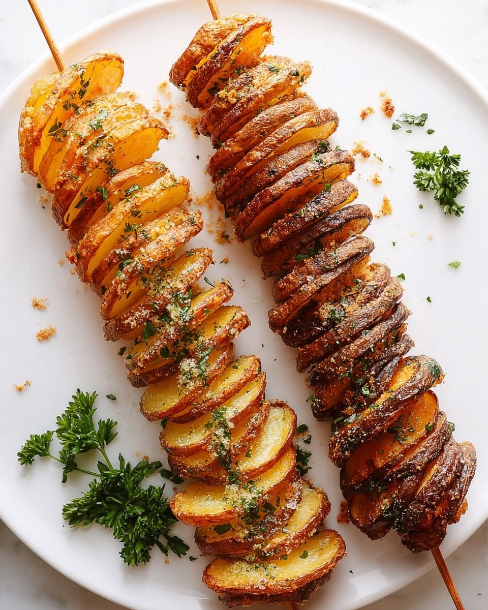 Two long spiraled potato skewers lie side by side on a white plate, each potato slice stacked tightly in a twisted shape from top to bottom. The potato slices have a crispy, golden-brown texture with a sprinkle of green herbs and a light dusting of seasoning that adds contrast. The skewer on the left has slightly lighter golden slices, while the one on the right shows darker, more roasted edges with a few rougher textures from the potato skin. Small parsley sprigs are placed near the bottom left corner on the white marbled surface, enhancing the fresh look of the dish. Photo taken with an iphone --ar 4:5 --v 7