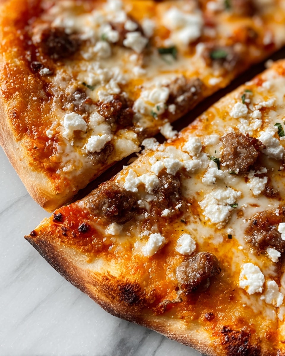 A close-up view shows two slices of pizza with three main layers. The bottom layer is a thin, light brown crust with slightly darker toasted edges. Above the crust, there is a bright orange tomato sauce layer partly visible under the cheese. The top layer consists of melted white mozzarella cheese with some golden brown spots and small chunks of browned sausage scattered evenly. There are also white crumbles of soft cheese spread on top, adding texture contrast. Small bits of green herbs are sprinkled sparingly among the toppings. The pizza is resting on a white marbled surface. photo taken with an iphone --ar 4:5 --v 7