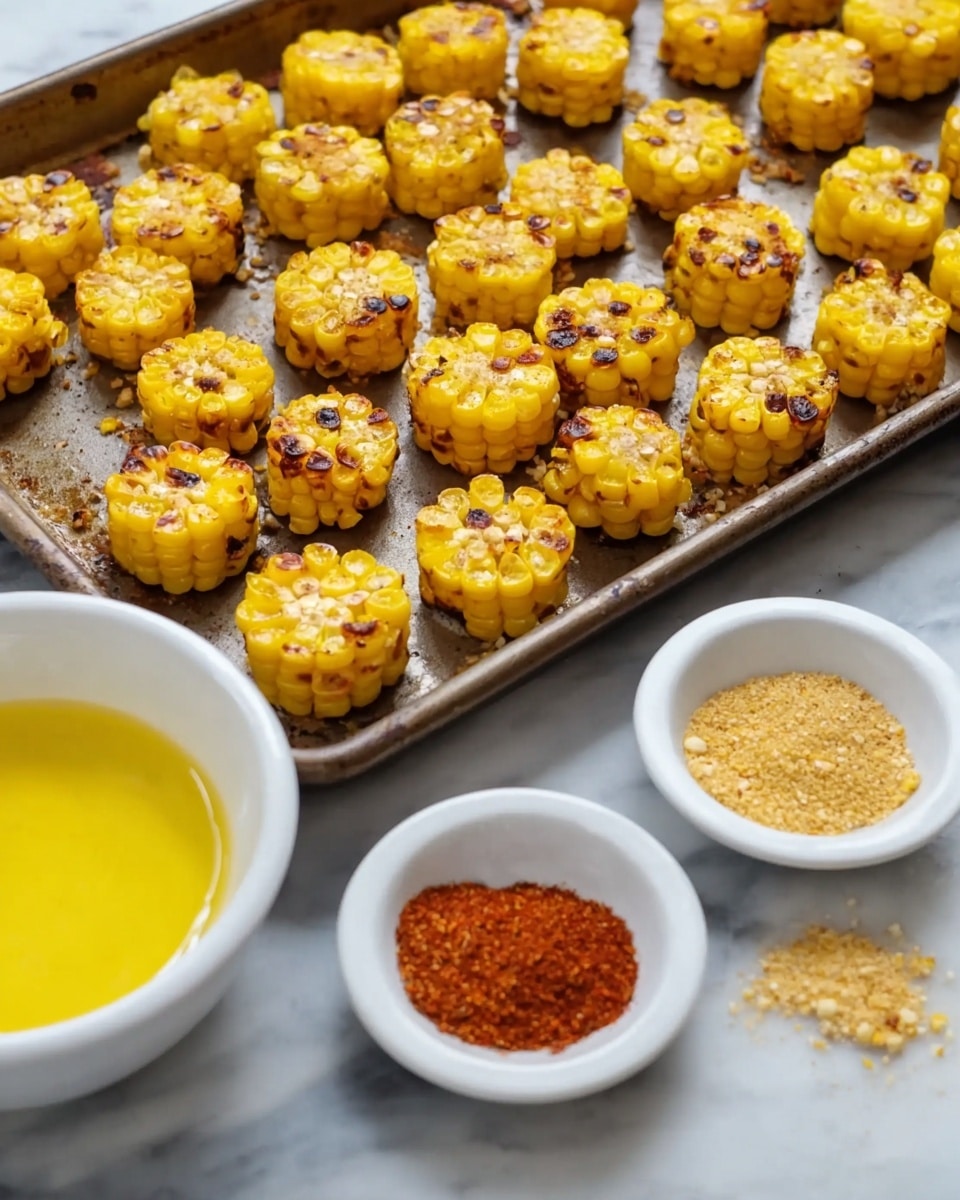 This image shows many small, round corn pieces arranged in rows on a metal baking tray. Each corn piece is yellow with some browned, crispy spots on the surface, indicating they have been roasted. In front of the tray, there are two white bowls; one holds a yellow, melted butter-like sauce, and the other contains three small piles of different spices in red, light brown, and yellowish colors. The scene is set on a white marbled background. photo taken with an iphone --ar 4:5 --v 7