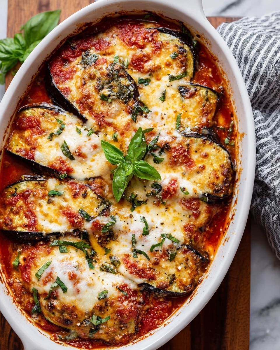 A white oval dish filled with three layers of stuffed eggplant slices, each layer alternating between deep purple eggplant skin and soft white cheese filling. The top layer is covered in golden melted cheese with patches of bright red tomato sauce peeking through. The baked cheese has a lightly browned, bubbly texture scattered with freshly chopped green basil leaves, and a small basil sprig rests on top as garnish. The dish sits on a white marbled surface, partially showing a wooden board and a gray striped cloth nearby. Photo taken with an iphone --ar 4:5 --v 7