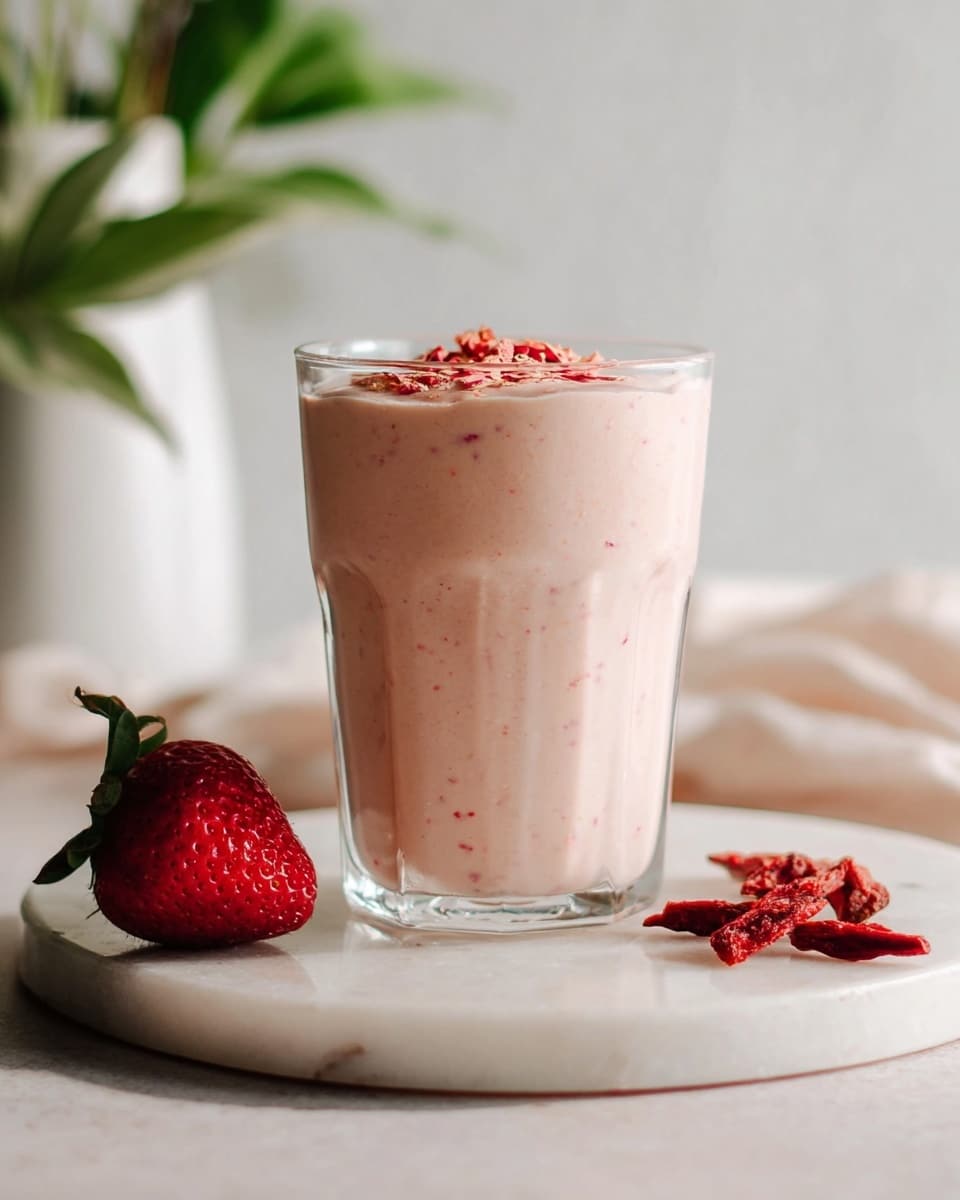 A clear glass filled with a thick, pale pink smoothie with small red specks inside, topped with a sprinkle of crushed red fruit on top; the glass is placed on a round white marble surface. In the foreground to the left, there are two fresh strawberries with a deep red color and green leaves, and to the right, there are a few slices of dried red fruit. The background is soft and blurred, featuring a white surface and a green plant in a white vase. The whole scene is bright and clean. photo taken with an iphone --ar 4:5 --v 7