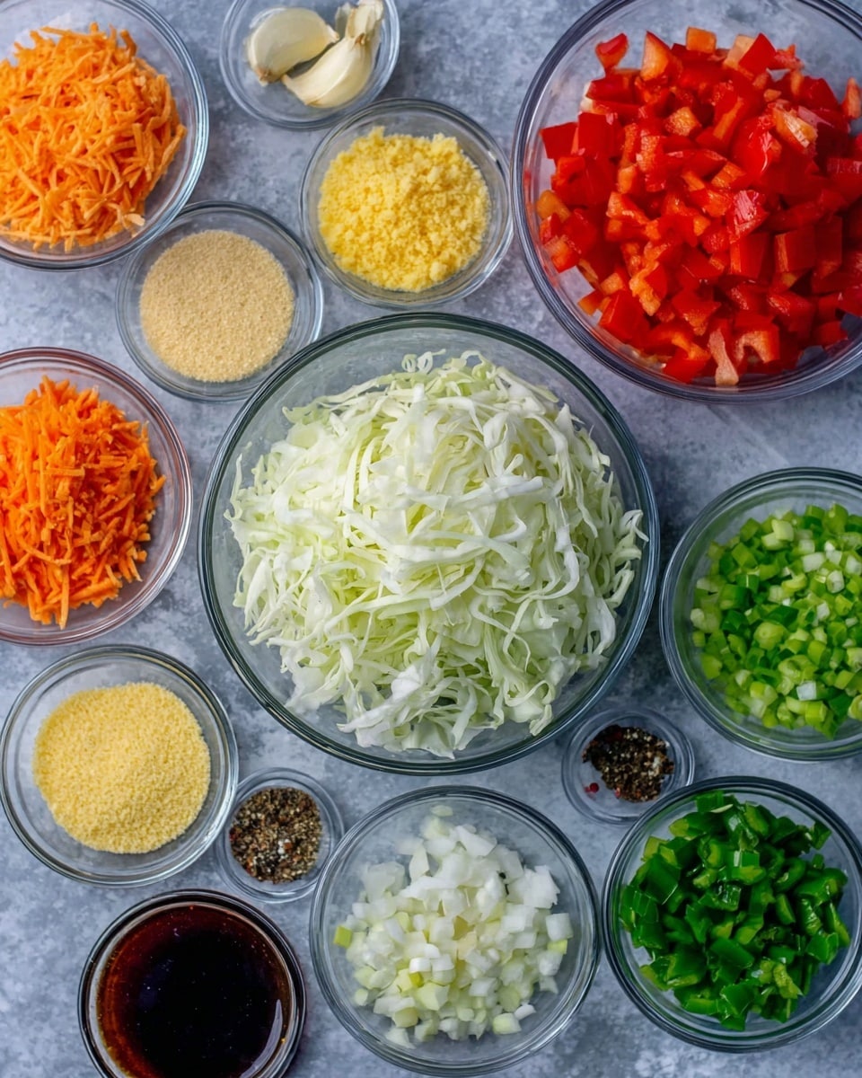 The image shows multiple clear glass bowls filled with different finely chopped or grated ingredients, all arranged on a white marbled surface. In the center, there is a large bowl of thinly sliced white cabbage with long, soft strands. Surrounding it, from top left going clockwise, are small bowls holding bright orange shredded carrots, finely chopped red bell peppers, fine yellow cornmeal, pale yellow minced ginger, a dark brown liquid sauce, chopped green onions, minced garlic, finely chopped green chili peppers, coarse black pepper, white powder, more finely chopped green bell peppers, and another small bowl of dark sauce. Each ingredient presents a smooth or slightly textured surface, with bright, fresh, and vibrant colors. Photo taken with an iphone --ar 4:5 --v 7