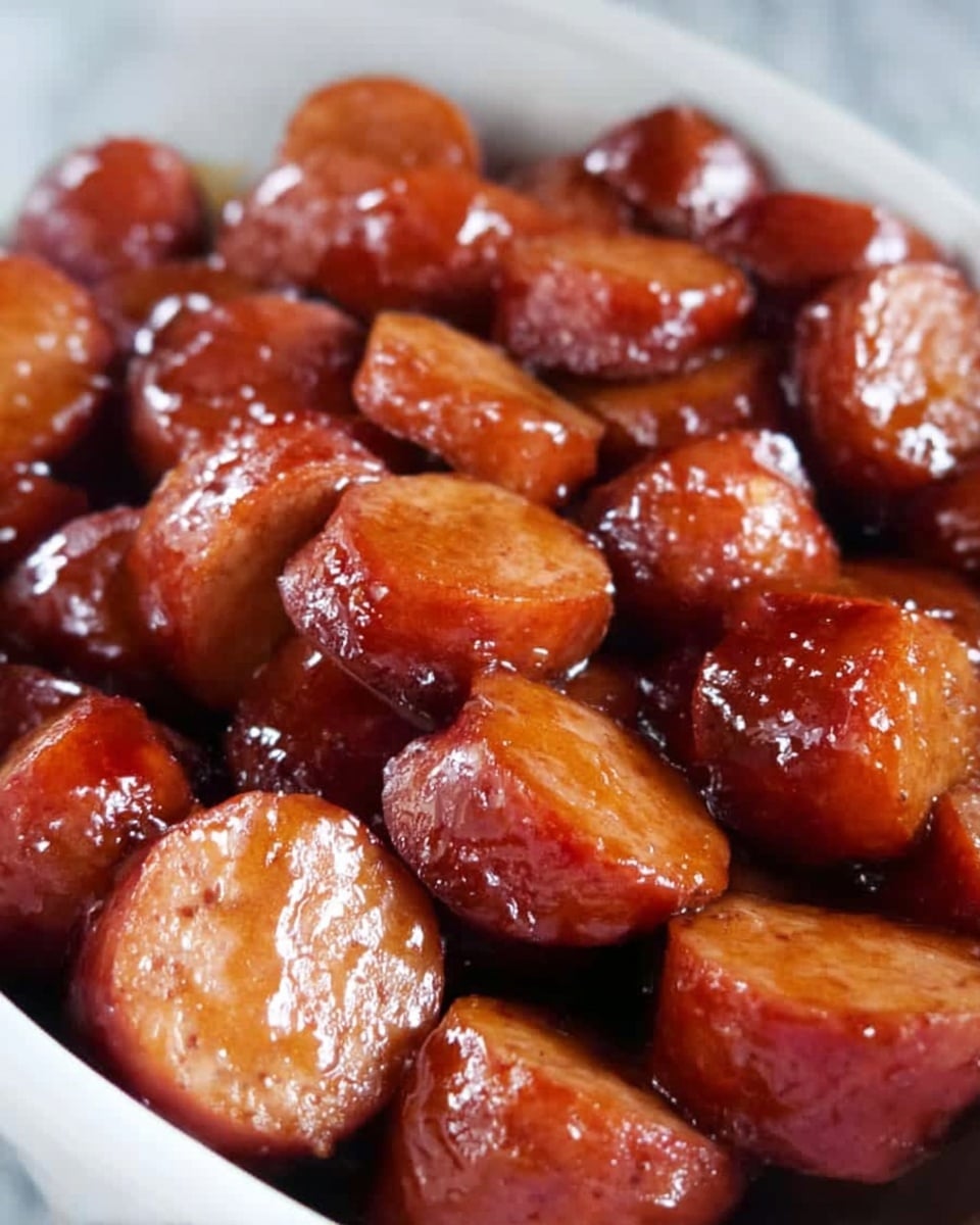 This image shows many small, round slices of cooked sausage that have a shiny, dark brown glaze. The sausage pieces are arranged closely together inside a white dish. The glaze on the sausage gives them a smooth, slightly oily look, and the surface of each slice shows a tender, juicy texture. The background is a white marbled surface. Photo taken with an iphone --ar 4:5 --v 7