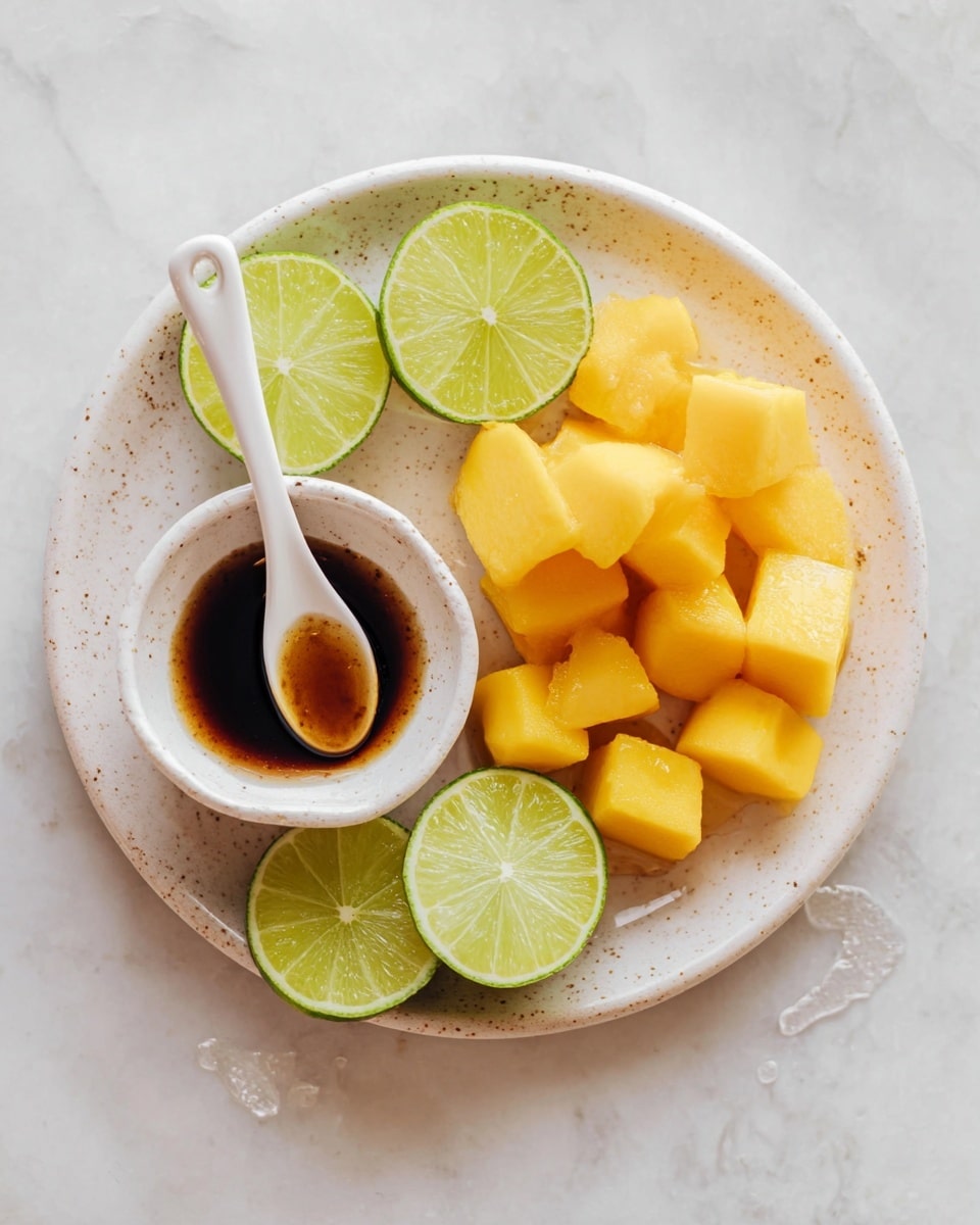 A round white plate with water droplets on it holds a small white bowl filled with yellow frozen mango cubes on the right side. Around the bowl on the plate, there are six bright green lime wedges evenly placed. On the top side of the plate, a white ceramic spoon with brown sauce sits, the sauce dark and shiny. The plate sits on a white marbled surface. photo taken with an iphone --ar 4:5 --v 7