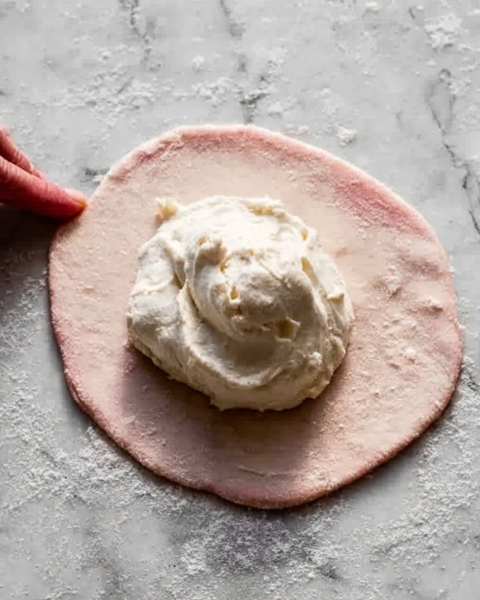 A round, thin pink dough sits flat on a white marbled surface, slightly irregular in shape. In the center of the dough is a mound of thick, creamy white filling with a slightly rough texture, piled high in a blur shape, showing minor cracks and a smooth top. The filling creates a visible contrast with the dough, looking soft and dense. A woman's hand rests gently on the side, touching the edge of the dough. Photo taken with an iphone --ar 4:5 --v 7