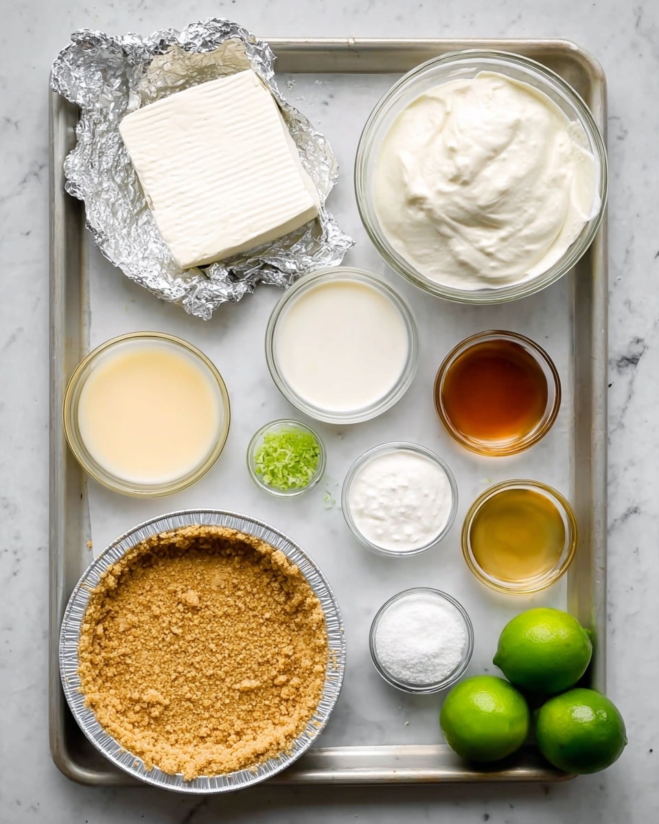 A silver baking tray sits on a white marbled surface, holding several clear glass bowls and one foil pie crust filled with crumbly golden crumbs. In the top left corner, there is a block of white cream cheese partially unwrapped from silver foil. To the right, a small bowl contains thick white cream, next to a larger bowl of pale beige liquid. At the bottom left, a bowl holds pale yellow liquid, and next to it is a tiny bowl with green lime zest. In the bottom middle, a medium bowl is filled with white milk. Next to the lime zest bowl, a very small bowl of white powder is placed. On the right side, three small whole green limes are grouped near a tiny bowl of amber liquid. The whole arrangement is thoughtfully spaced and clearly visible. Photo taken with an iphone --ar 4:5 --v 7