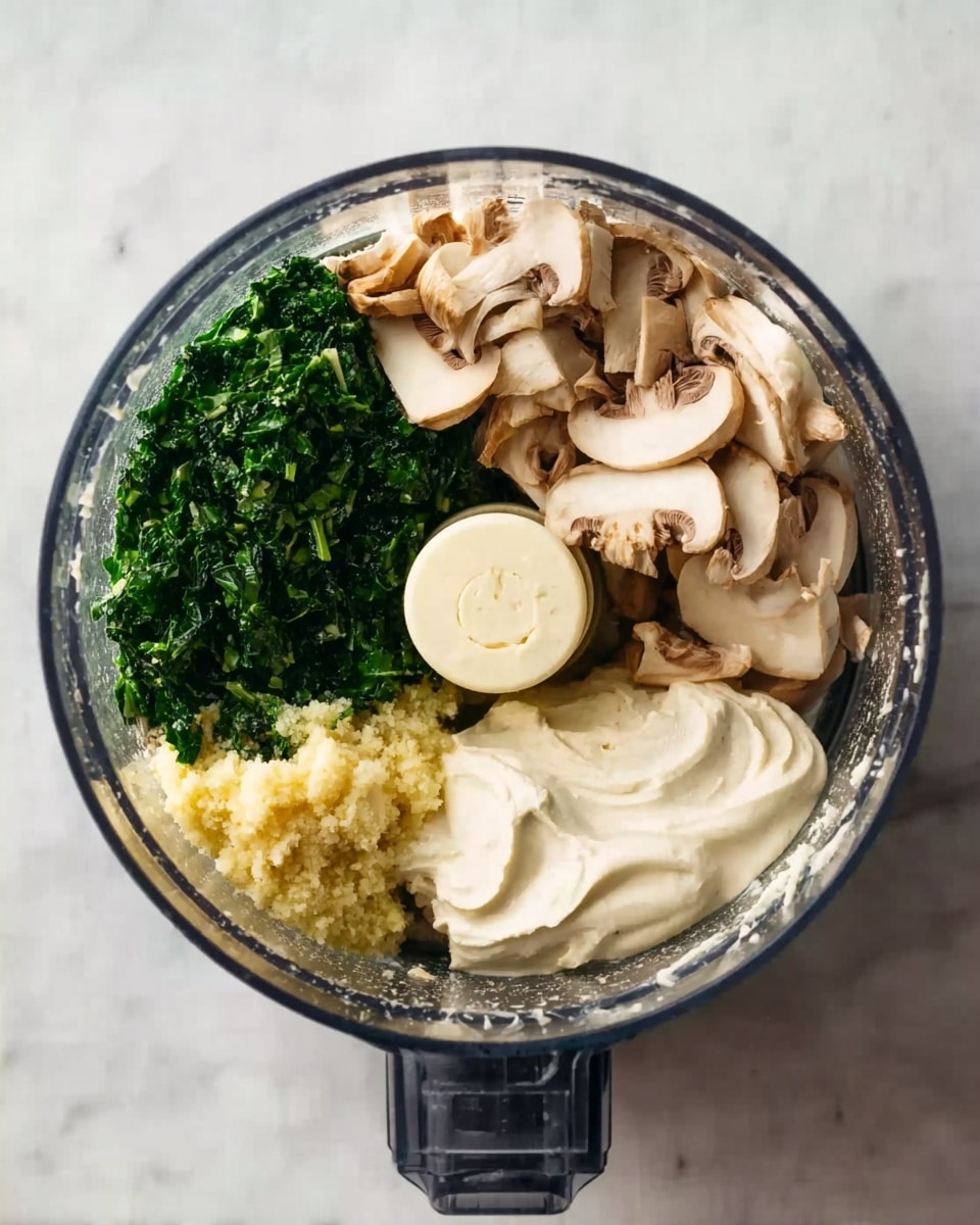 The image shows a clear food processor bowl filled with several ingredients arranged in four sections: pale beige sliced mushrooms on the top right, dark green leafy herbs on the bottom left, creamy white mayonnaise or sauce on the bottom right, and light yellow minced garlic or ginger in the center bottom part. The food processor is placed on a white marbled surface. Photo taken with an iphone --ar 4:5 --v 7