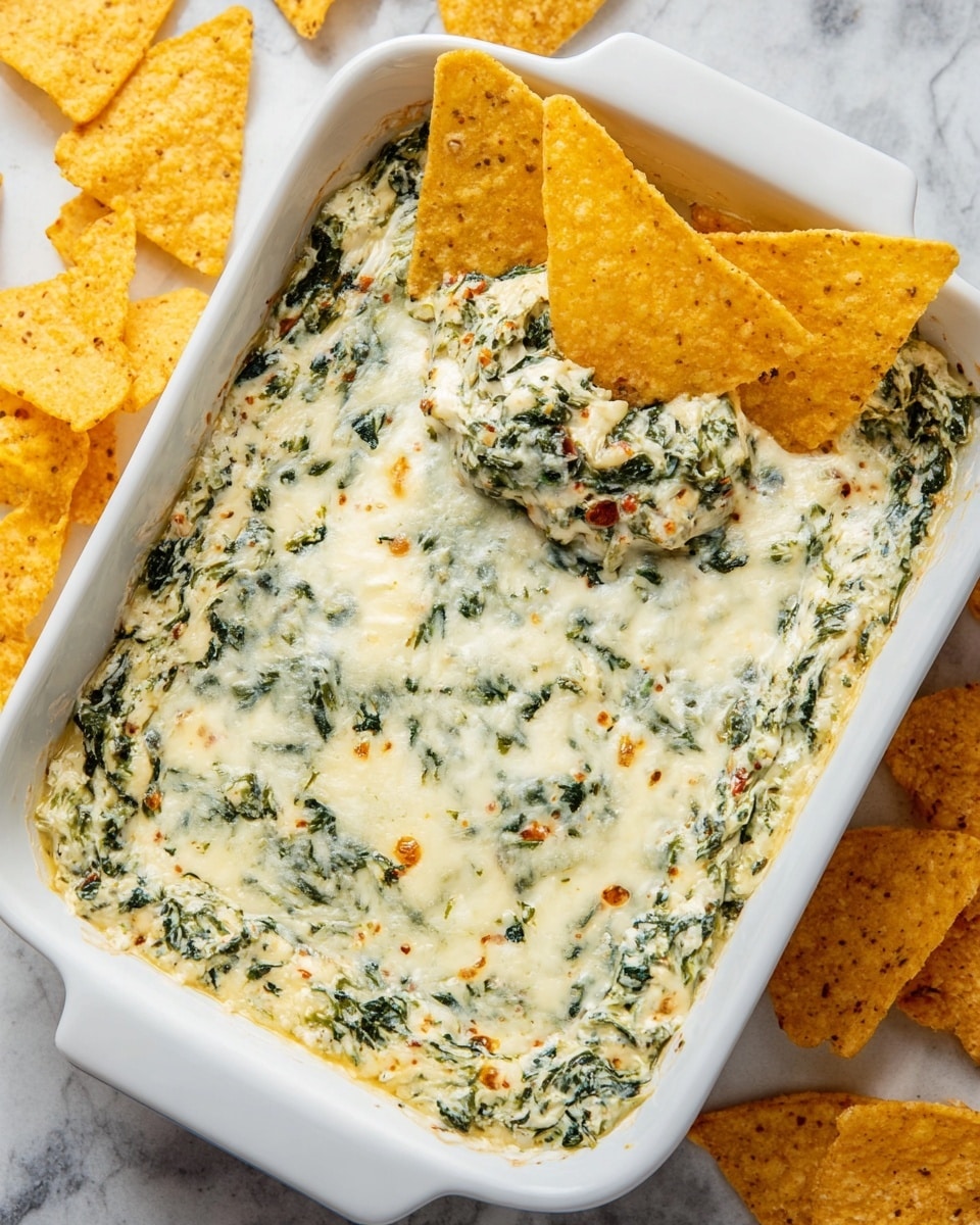A white rectangular dish filled with a creamy, cheesy spinach dip that has a golden-brown baked cheese crust on top. The dip shows layers of creamy white cheese mixed with finely chopped dark green spinach leaves inside. A woman's hand is holding a triangular yellow tortilla chip scoop loaded with the thick, textured spinach and cheese mix, with strings of melted cheese stretching from the dish to the chip. The background is a white marbled surface. Photo taken with an iphone --ar 4:5 --v 7