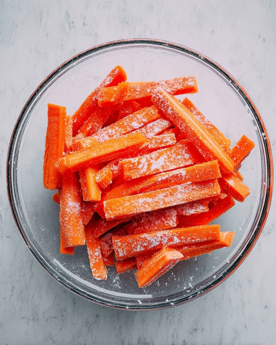 A clear glass bowl sits on a white marbled surface filled with bright orange carrot sticks cut into short, thick strips. The carrot pieces are stacked loosely and dusted lightly with a white powdery coating, giving a slightly frosted look. The bowl's round shape and transparent texture show the carrots clearly from the top view. photo taken with an iphone --ar 4:5 --v 7