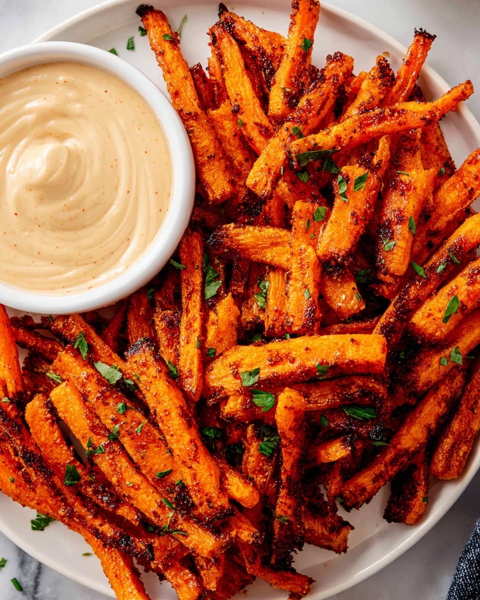 The image shows a white plate full of crispy carrot fries that are bright orange with a slightly charred texture. The fries are sprinkled with small pieces of fresh green herbs scattered evenly on top. On the left side of the plate, there is a small white bowl filled with creamy, light beige dipping sauce with a smooth texture and a soft swirl on the surface. The plate is set on a white marbled surface. photo taken with an iphone --ar 4:5 --v 7