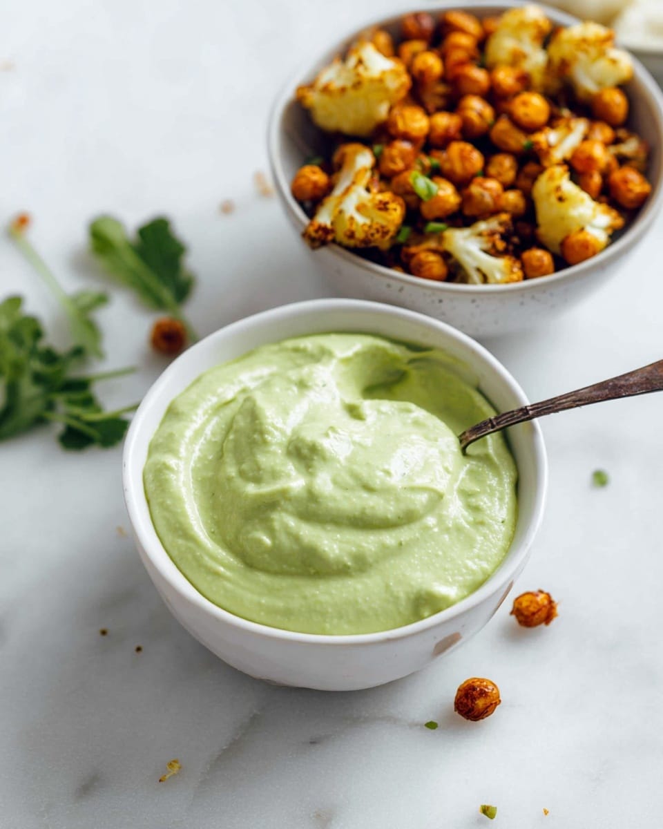 The image shows two white bowls on a white marbled surface. The front bowl is filled with a thick, creamy, pale green sauce that has a smooth texture with some small green flecks, and a spoon is sticking out of it. Behind it, the second bowl holds golden brown roasted chickpeas and browned cauliflower pieces, both showing a slightly crispy texture. There are a few scattered roasted chickpeas on the surface near the bowls, and some fresh green herbs are placed next to them. The scene is bright and clean. photo taken with an iphone --ar 4:5 --v 7