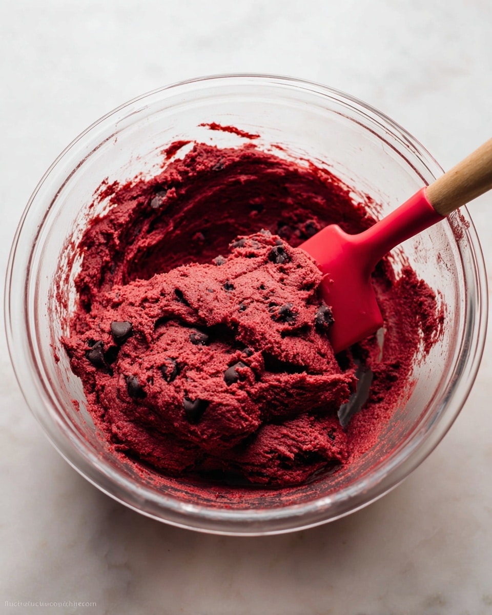 A clear mixing bowl holds a thick, deep red dough with dark chocolate chips mixed inside. The dough has a soft, textured look with some folds and swirls. A red rubber spatula with a wooden handle is partly buried in the dough, standing upright near the right side of the bowl. The bowl sits on a white marbled surface, and soft light highlights the rich color of the dough. photo taken with an iphone --ar 4:5 --v 7