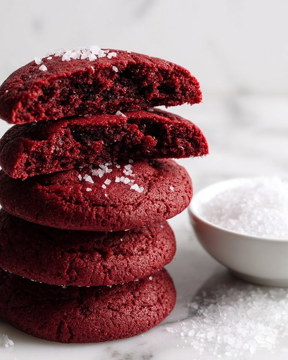 The image shows a stack of five deep red cookies, each split in half to reveal a soft, textured inside with small bits of salt sprinkled on top. The cookies have a slightly rough surface and are stacked unevenly, with the top cookie leaning to the side. Below the stack, there is a round white bowl filled with coarse salt. The cookies and bowl are placed on a white marbled surface, giving a clean and bright background. Photo taken with an iphone --ar 4:5 --v 7