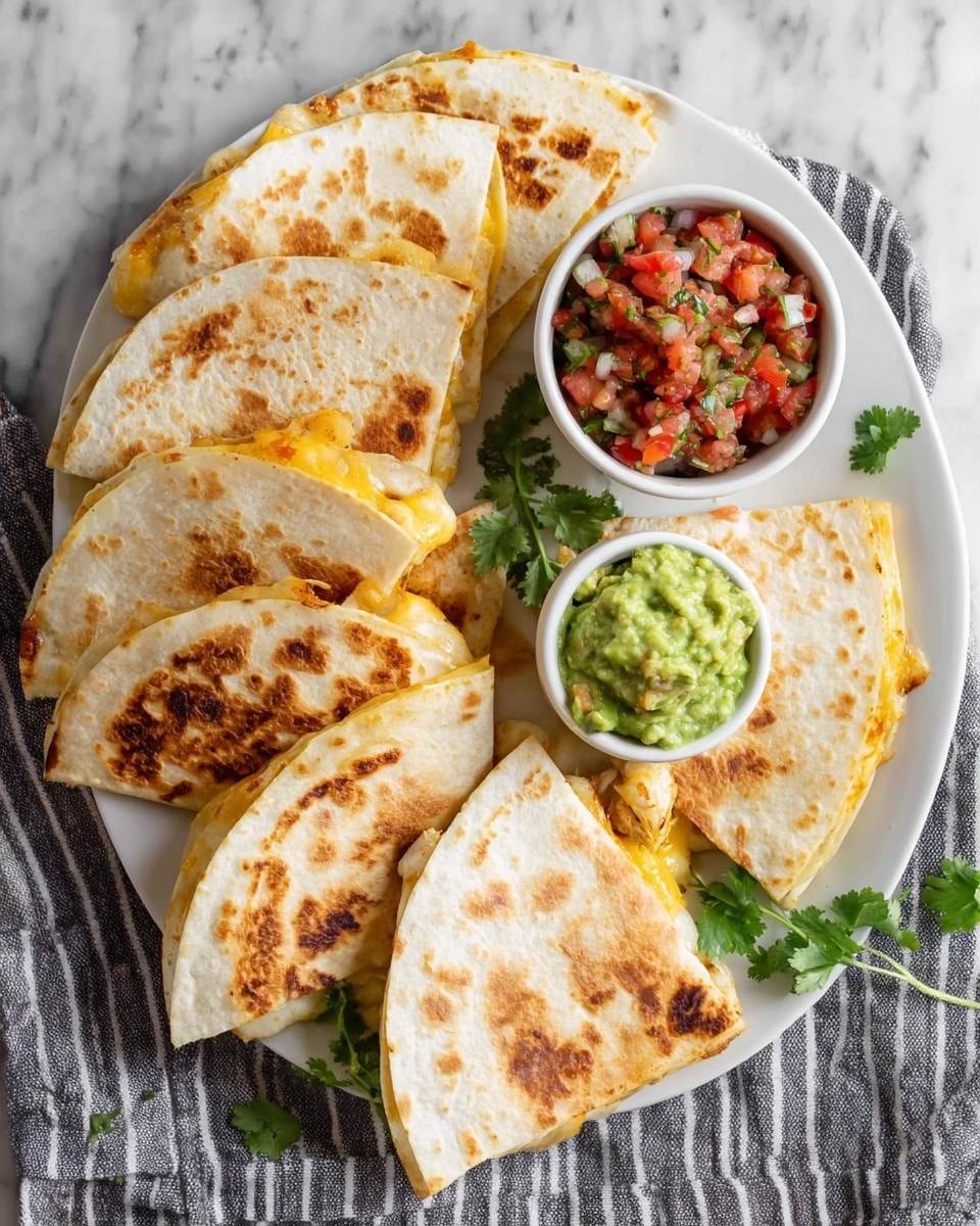 A white plate holds eight folded quesadilla pieces arranged in a fan shape, each with a golden-brown toasted surface showing spots of darker crisp areas; the quesadillas reveal a melted cheese and small chunks of cooked chicken inside. Two small white bowls sit on the plate, one filled with fresh green guacamole mixed with pieces of tomato and onion, the other filled with a chunky red salsa made of diced tomatoes, onions, and green herbs. Fresh cilantro sprigs decorate the edge of the plate. The plate is placed on a gray and white striped cloth over a white marbled surface. photo taken with an iphone --ar 4:5 --v 7
