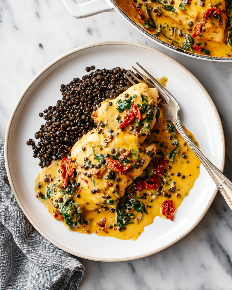 A white plate has two parts: on the left side, small black lentils form a textured, rounded pile; on the right side, a piece of cooked chicken is covered with a thick, smooth yellow-orange creamy sauce that includes pieces of green spinach leaves and red sun-dried tomato strips scattered through the sauce. A silver fork with thin fingers rests on the right edge of the plate over some sauce. At the top of the image, a white pan filled with the same creamy chicken, spinach, and sun-dried tomato sauce is slightly visible. The setting is on a white marbled surface with a gray cloth napkin folded near the bottom left. Photo taken with an iphone --ar 4:5 --v 7