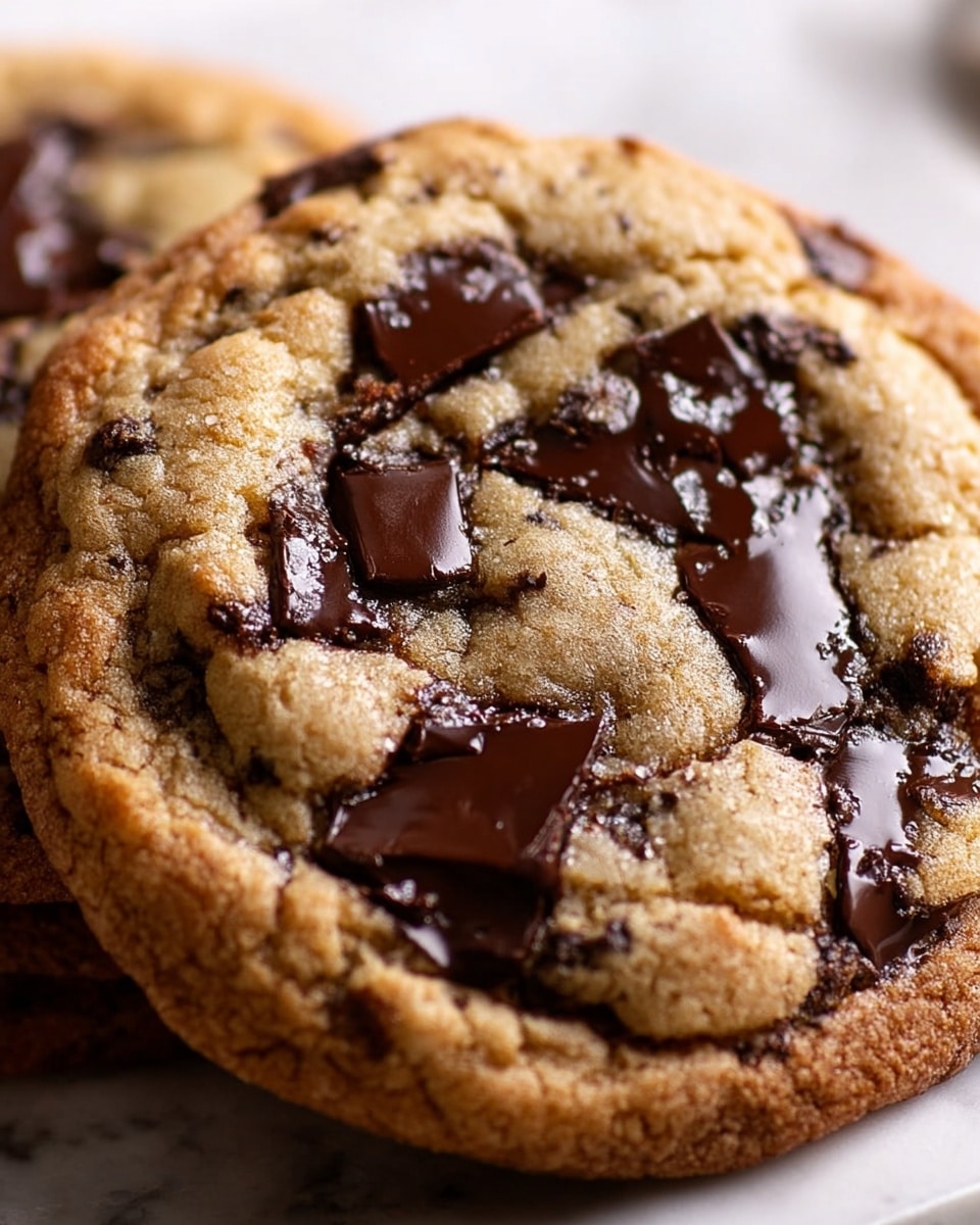 The image shows several round cookies placed on a white marbled surface. One cookie is broken in the center, revealing a gooey, melted chocolate inside with a slight shine. The cookie edges are golden brown with a slightly crisp texture, and you can see pieces of chocolate chips spread throughout the cookie. The surface of the cookies looks soft and slightly cracked, indicating freshness. Photo taken with an iphone --ar 4:5 --v 7
