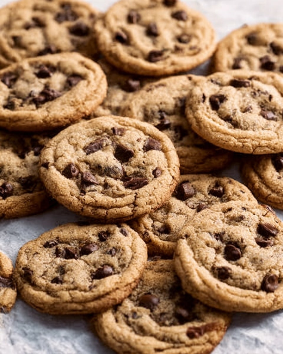 The image shows a close-up view of many chocolate chip cookies stacked and spread out on white parchment paper. Each cookie is golden brown and thick with a rough, soft texture, filled with dark brown chocolate chips that are unevenly placed and slightly melted on the surface. The cookies overlap each other, creating layers with some edges cracked and others smooth. The background is a white marbled texture. photo taken with an iphone --ar 4:5 --v 7