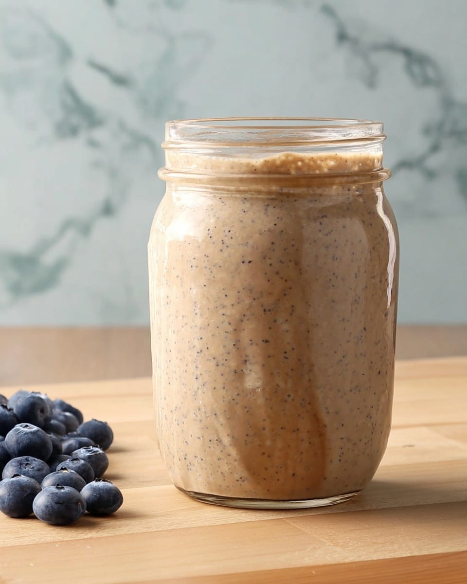 The image shows a clear glass filled with a layered dessert on a white marbled surface. Starting from the bottom, the first layer is light beige chia pudding with visible tiny seeds, followed by a middle layer of fresh, dark blue blueberries. Above that is another thick, creamy beige chia pudding layer, topped with a golden crumbly granola layer. On top of the granola, there is one more layer of fresh blueberries, some slightly piled around the silver spoon with an intricate handle stuck into the glass. The background is softly blurred, and the photo captured with an iphone --ar 4:5 --v 7