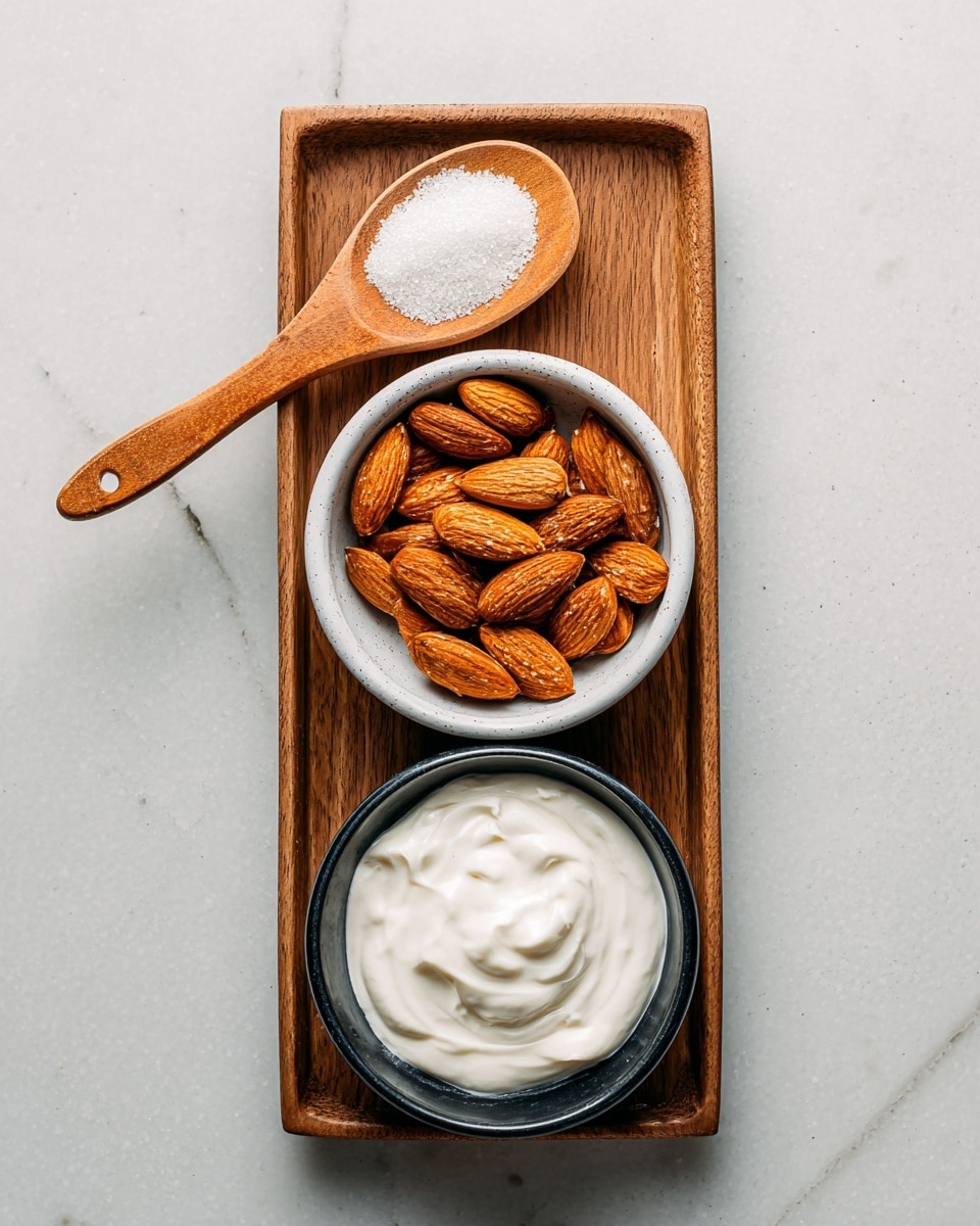 A wooden tray holds three items arranged vertically from top to bottom: at the top, a wooden spoon filled with a small mound of white granules; in the middle, a white bowl filled with whole, brown almonds showing some light marks and rough texture; at the bottom, a black bowl filled with a thick, white creamy substance with swirled texture. All items are placed on a white marbled surface with soft lighting. Photo taken with an iphone --ar 4:5 --v 7
