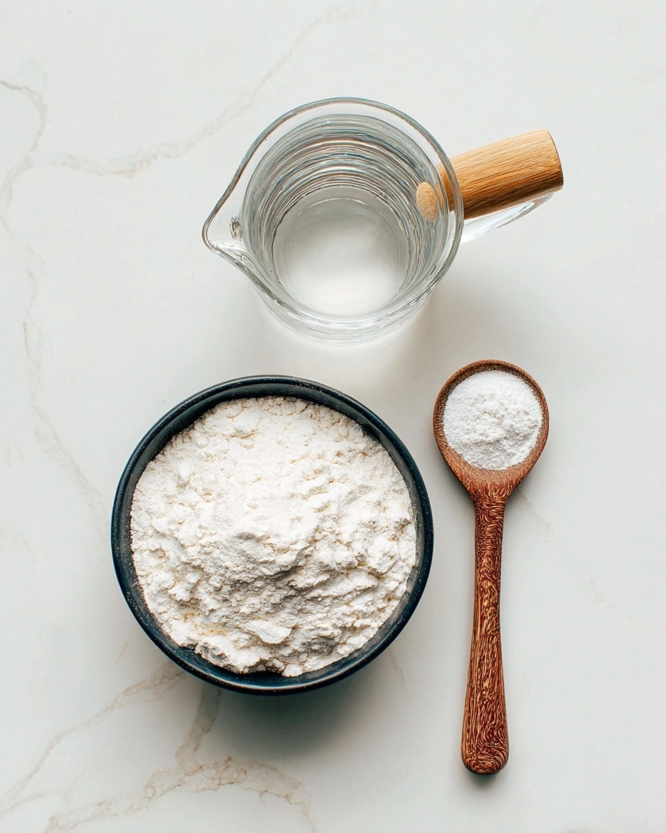 The image shows three main items arranged top to bottom on a white marbled surface: at the top is a clear glass container with a wooden handle filled with clear water, in the middle is a black bowl filled with white powdery flour, and at the bottom right side, a wooden spoon holding a small amount of white powder, likely baking soda. The wooden handle and spoon have a natural wood grain texture, contrasting with the smoothness of the glass and the powdery flour. The items are evenly spaced, creating a clean and simple visual composition. Photo taken with an iphone --ar 4:5 --v 7