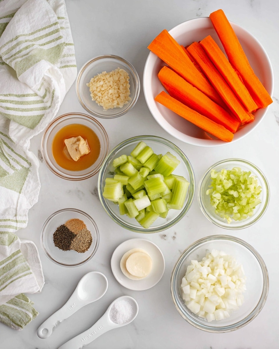 The image shows a top-down view of several small clear glass bowls and one white bowl on a white marbled surface. The white bowl in the upper right holds bright orange carrot sticks placed upright and leaning on each other. Surrounding the bowl are clear glass bowls with different ingredients: chopped light green celery, minced minced garlic with a slightly golden color, light yellow creamy paste, brown fine liquid, chopped white onions, white salt, and ground black pepper. Two white measuring spoons lie flat near the bottom left, and a white cloth with green stripes is draped casually at the top and right side. The scene is bright and clean. photo taken with an iphone --ar 4:5 --v 7