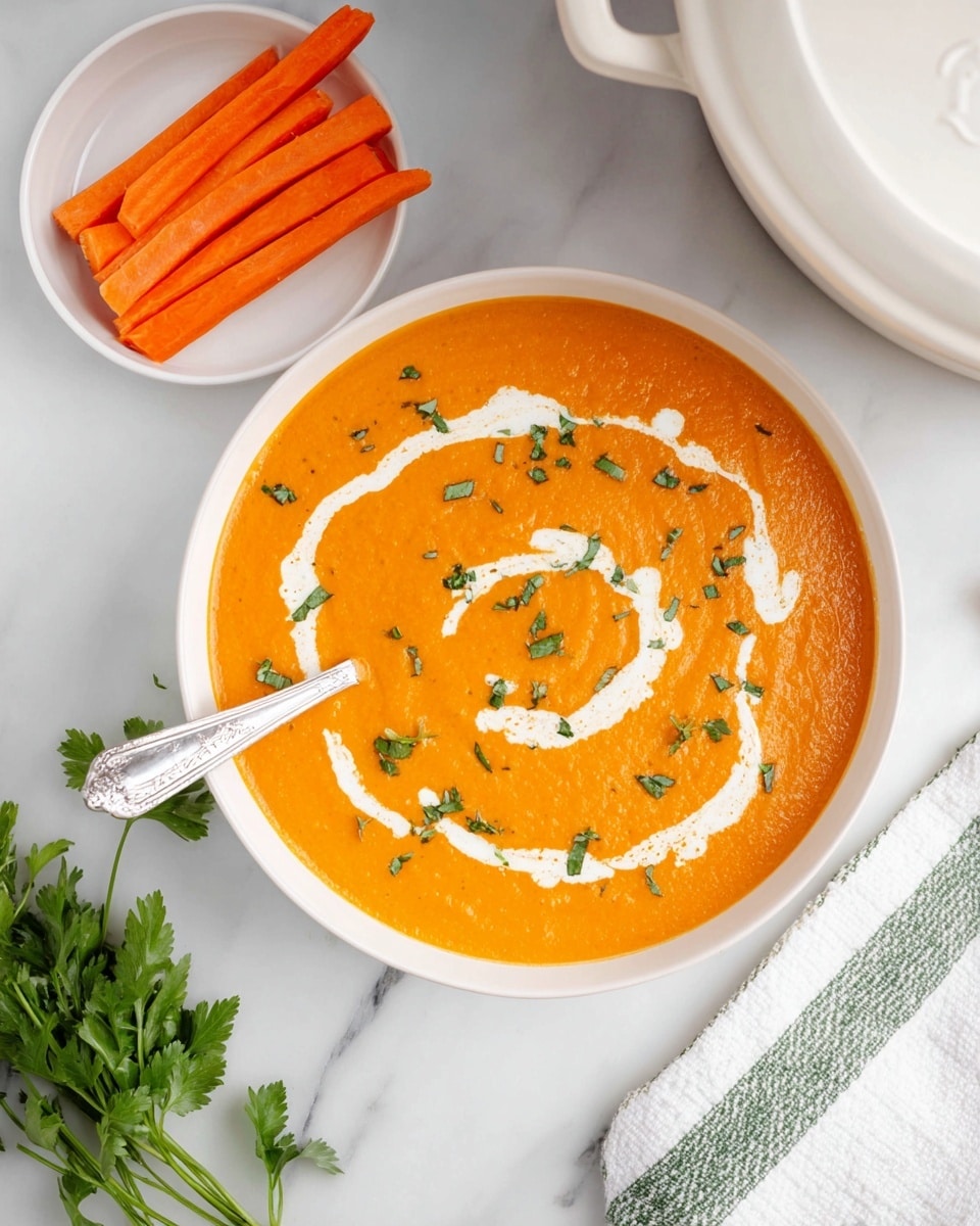 A white bowl filled with smooth bright orange soup topped with swirls of white cream and small pieces of green herbs scattered on top. A silver spoon is placed inside the bowl on the left side. Above the bowl, there is a small white bowl holding three thick, bright orange carrot sticks. Fresh green herbs lie to the lower left of the bowl on a white marbled surface. To the right, part of a white pot with a glossy finish is visible, along with a white cloth with green stripes in the bottom right corner. Photo taken with an iphone --ar 4:5 --v 7