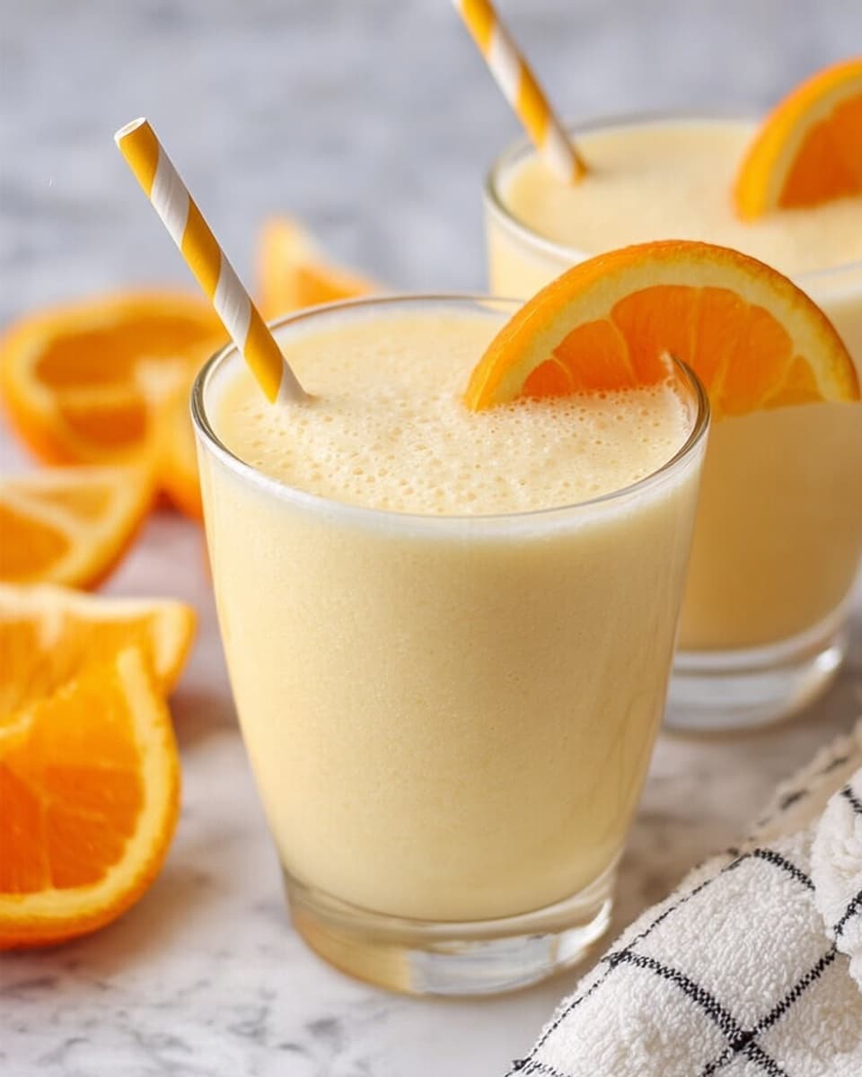 The image shows two clear glasses filled with a creamy light yellow smoothie with a frothy texture on top. Each glass is garnished with a bright orange slice placed on the rim. One glass has a white and yellow striped paper straw. The glasses are placed on a white marbled surface with some orange slices blurred in the background and a white cloth with black grid lines partially visible on the side. photo taken with an iphone --ar 4:5 --v 7