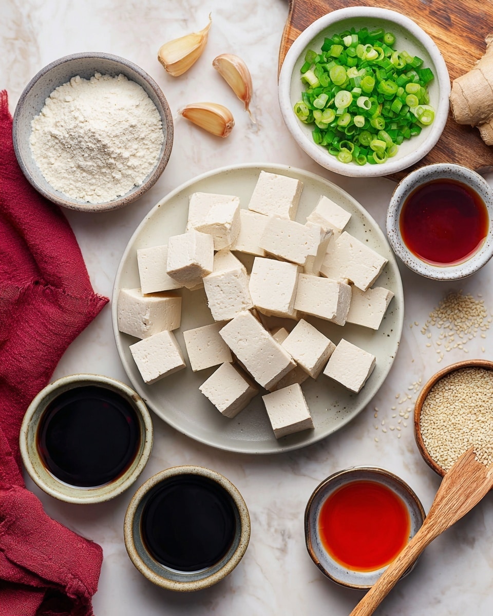 A round white plate filled with neatly arranged square pieces of pale tofu sits on a white marbled surface; near it, a small bowl with white powder and a light wooden spoon rest on the surface, along with a couple of garlic cloves and a piece of fresh ginger root. To the top right, a small white bowl is packed with bright green chopped scallions placed on a small wooden board, surrounded by smaller ceramic bowls filled with dark soy sauce, light vinegar, bright red sauce, and white sugar. A small wooden spoon with white sesame seeds lies at the bottom right, and a soft red cloth is partly visible on the left side. Photo taken with an iphone --ar 4:5 --v 7