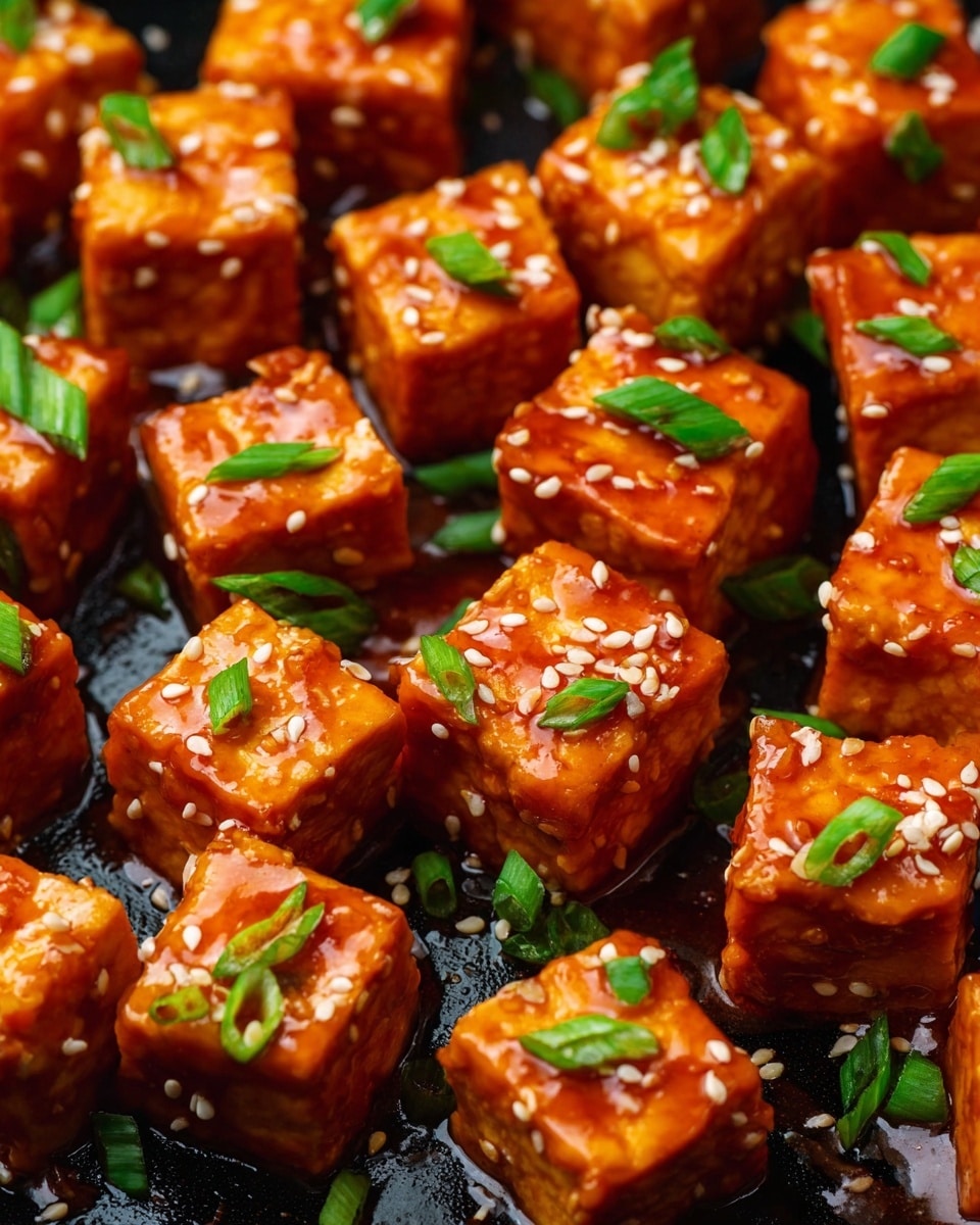 The image shows many small square pieces of tofu covered in a shiny orange sauce, arranged close together on a dark surface with a glossy texture. Each tofu piece is topped with small white sesame seeds and sprinkled with bright green chopped scallions. The sauce looks thick and sticky, coating the tofu cubes evenly and filling the gaps between them. The overall look is colorful with the orange tofu, green scallions, and white sesame seeds standing out clearly. photo taken with an iphone --ar 4:5 --v 7