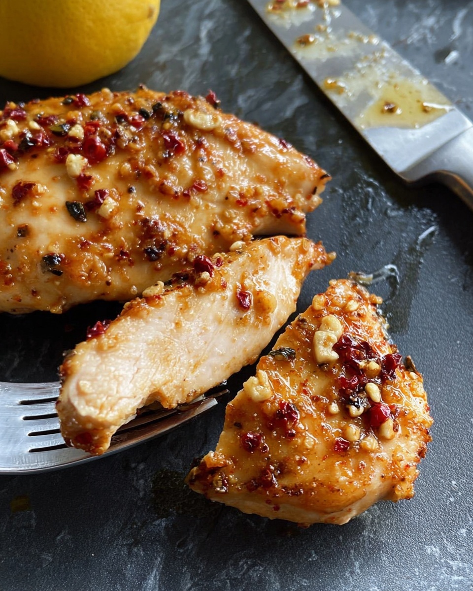 The image shows two cooked chicken pieces on a dark surface with a rough texture. The chicken is golden brown with visible red pepper flakes and bits of garlic or seasoning on top, giving it a slightly crispy and textured look. One smaller piece of chicken is held by a silver fork in the lower part of the image, revealing the juicy and tender inside. In the top left corner, there is a partial view of a yellow lemon, and in the top right corner, a knife with some sauce on its blade rests on the surface. The background is a white marbled texture. Photo taken with an iphone --ar 4:5 --v 7