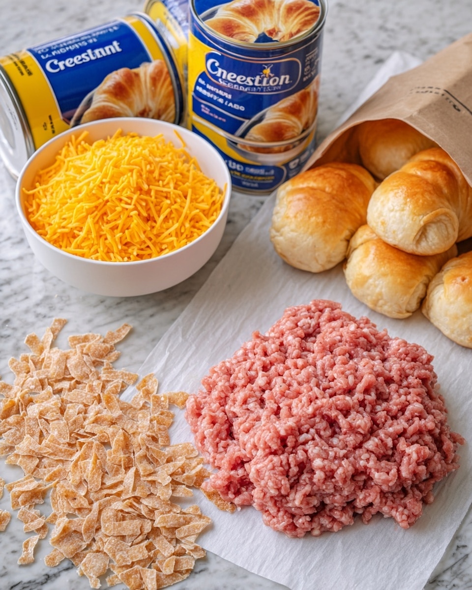 The image shows raw ground meat with a pinkish-red color placed on white parchment paper on a white marbled surface. Next to the meat are two blue and yellow cans of crescent dough rolls, with pictures of golden-brown crescent rolls on the cans. A white bowl filled with bright orange shredded cheese sits nearby, and an opened paper bag lies spilling light brown flaky pieces onto the surface. Everything is arranged casually in a bright setting. Photo taken with an iphone --ar 4:5 --v 7