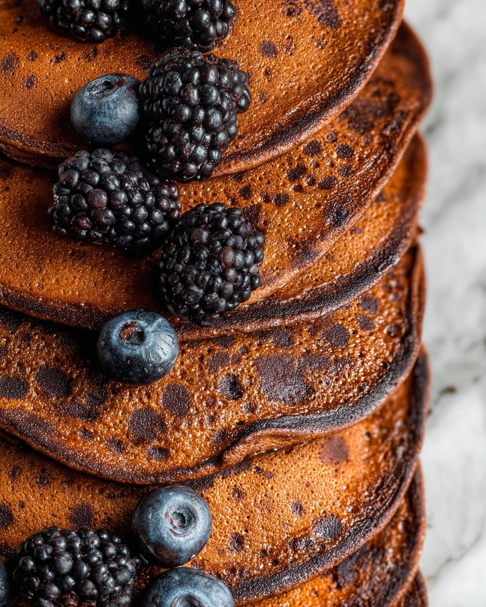 The image shows a close-up of a stack of seven round chocolate pancakes with a shiny, slightly crispy surface, giving a rich brown color with darker chocolate spots inside each pancake. The pancakes overlap each other tightly, forming layers with uneven edges. Scattered on top and between the pancakes are several fresh dark blackberries and plump blue blueberries, adding a pop of deep purple and blue colors. The whole stack is set on a smooth white plate with a white marbled background. photo taken with an iphone --ar 4:5 --v 7