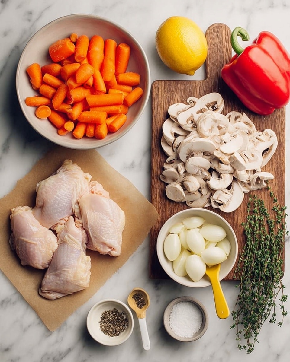 The image shows a white marbled surface with several ingredients arranged neatly. There are four raw chicken pieces placed on brown parchment paper in the bottom left corner. Above them, a white bowl filled with bright orange baby carrots sits. To the right, a wooden chopping board holds a pile of white sliced mushrooms, a whole yellow lemon at the top, a whole red bell pepper on the right side, and a small bunch of green thyme sprigs. Below the board, a white bowl contains small white pearl onions. In front of the bowls are two small white containers, one with salt and a small woman’s hand yellow spoon, and the other with black pepper. Photo taken with an iphone --ar 4:5 --v 7