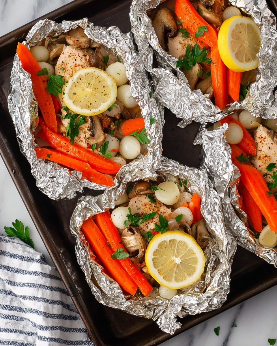 The image shows a foil packet filled with cooked vegetables and chicken sitting on a white marbled surface. The packet contains a layer of light beige chicken pieces at the bottom, topped with bright orange baby carrots, whole white pearl onions, and sliced brown mushrooms. There are flecks of green herbs sprinkled on top, adding contrast. A lemon slice with a vibrant yellow rind and pale yellow interior rests prominently among the vegetables, adding a fresh touch. The foil is slightly crinkled and shiny, with the edges folded around the filling, and the whole scene is well-lit with soft shadows. Photo taken with an iphone --ar 4:5 --v 7