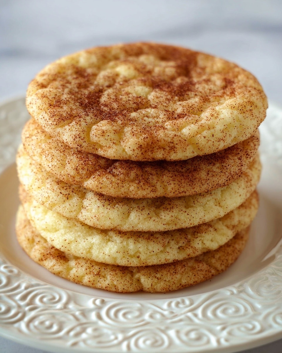 A close-up view of a stack of five round cookies on a white plate with an intricate raised swirl pattern. Each cookie is light golden brown with a slightly rough texture and is sprinkled evenly with cinnamon sugar, giving a speckled darker brown look on the surface. The cookies are thick and fluffy with a slightly uneven but soft edge. The plate is set on a white marbled surface, enhancing the warm tones of the cookies. photo taken with an iphone --ar 4:5 --v 7