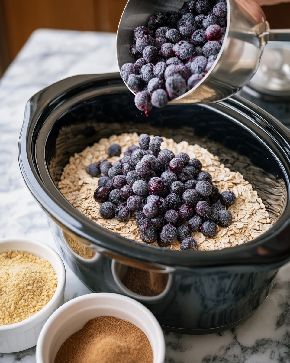 A black slow cooker filled with one layer of light brown rolled oats, topped with a layer of frozen dark purple blueberries being poured from a silver measuring cup above. In the background, two white bowls sit on a white marbled surface, one with a golden grain ingredient and the other with brown sugar or cinnamon powder. Photo taken with an iphone --ar 4:5 --v 7