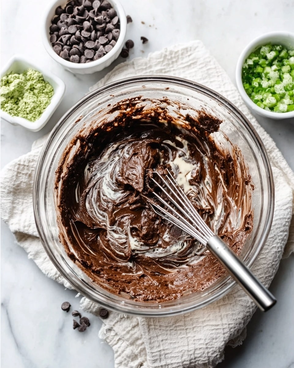 A clear glass bowl sits on a white marbled surface, filled with dark brown chocolate batter mixed with creamy white liquid swirled throughout. A metal whisk is inside the bowl, partially covered in batter. Nearby, a small white container holds dark chocolate chips, and another white dish has bright green chopped leafy ingredients. A white cloth lies underneath the bowl, softening the scene. Photo taken with an iphone --ar 4:5 --v 7