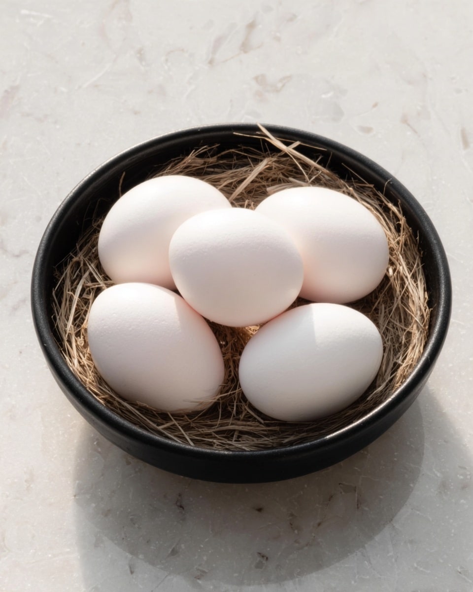 A small black bowl sits on a white marbled surface, filled with five smooth white eggs resting on a nest of brown straw-like material. The eggs are closely packed, showing a clean, soft texture, with a simple and natural arrangement. The lighting is soft and natural, highlighting the round shapes and smooth surfaces. photo taken with an iphone --ar 4:5 --v 7