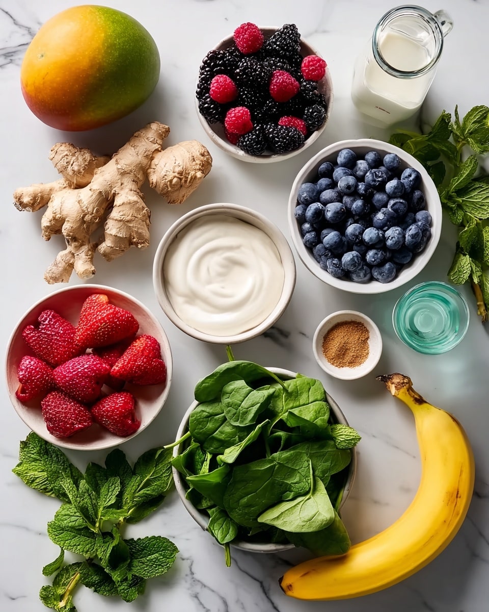 The image shows various fruits and ingredients sorted in small bowls and placed on a white marbled surface. There is one peeled banana with a yellow peel on the right, laying next to a bowl of fresh dark green spinach leaves at the bottom center. Above the spinach, a cluster of light brown ginger root is placed with fresh green mint leaves scattered around. To the left, there are slices of red strawberries with green leaves beside a small white bowl filled with smooth white yogurt or cream. Above that, a tiny bowl holds light brown powder, possibly cinnamon. On the upper middle side, there are three small white bowls—one with blackberries (dark purple black), another with raspberry (bright red), and the last with blueberries (deep blue). A whole mango rests on the top left corner next to some mint sprigs, and a small glass jug with white milk stands in the top right. The colors are bright and fresh, contrasting well against the clean white marbled background photo taken with an iphone --ar 4:5 --v 7