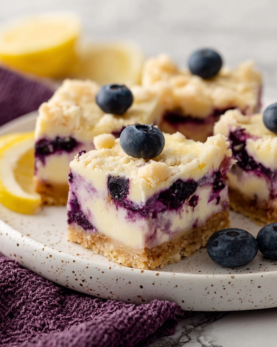The image shows a close-up of nine square pieces of lemon blueberry crumb bars arranged tightly together. Each bar has two visible layers: the bottom layer is a light purple with patches of dark purple blueberries, and the top layer is a crumbly, light golden-brown texture with small clusters of crumbs spread unevenly. Some yellow lemon zest bits are sprinkled lightly over the bars. In the background, there is a white marbled surface and blurred yellow lemon halves. Photo taken with an iphone --ar 4:5 --v 7