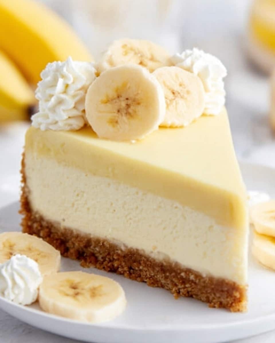 A round cake with a thick, crumbly golden-brown crust that covers the sides, topped with a smooth, creamy pale yellow layer. On top, there is a circle of white whipped cream dollops, each decorated with a thin, round slice of banana. Inside this circle, more banana slices are placed flat on the cream layer. A few banana slices are also on the white plate near the cake. The background is a white marbled texture with a bunch of bananas in the corner and a white plate with wooden forks. Photo taken with an iphone --ar 4:5 --v 7