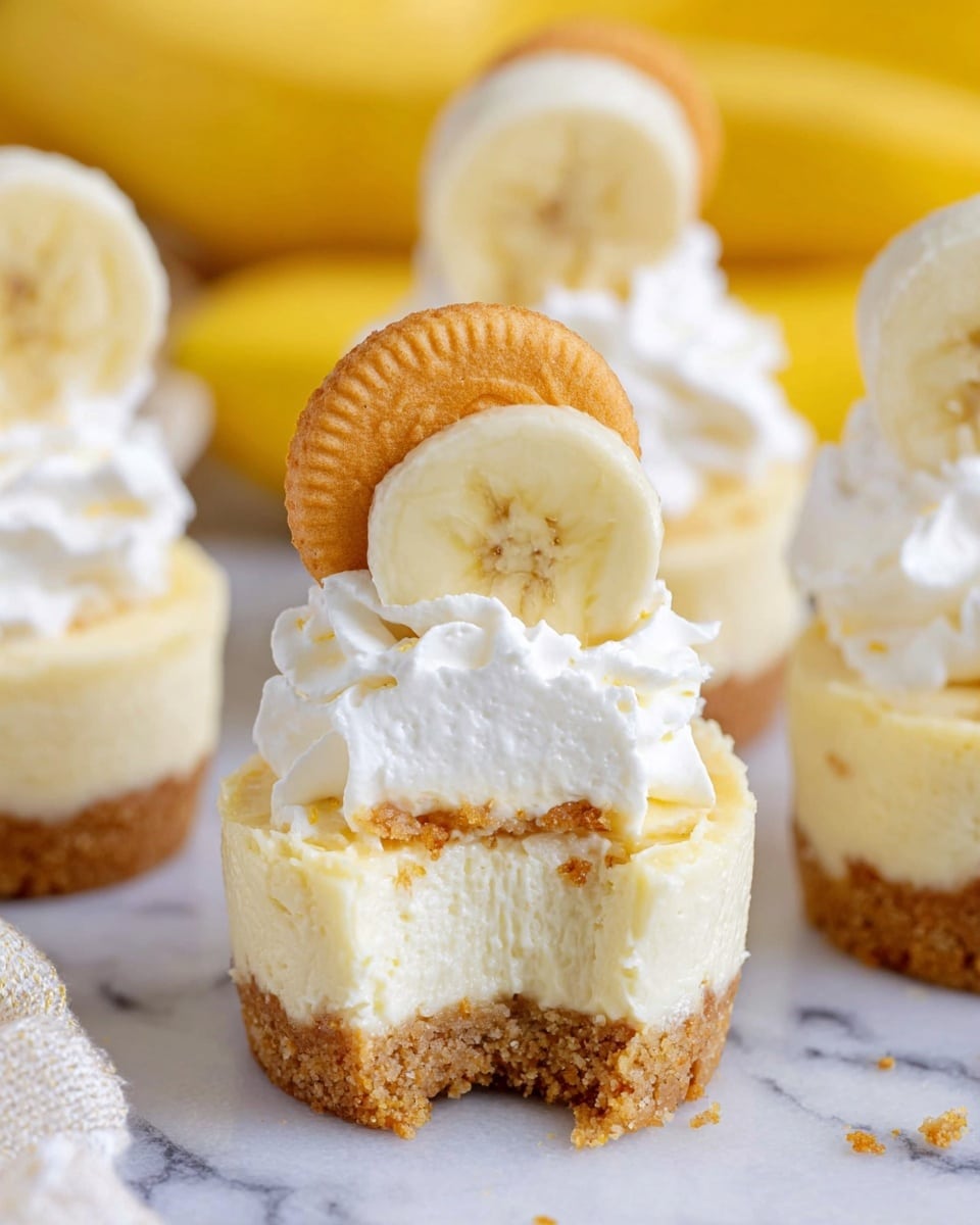 The image shows a close-up view of mini cheesecakes arranged on a white marbled surface. Each cheesecake has three clear layers: a golden crumbly bottom crust, a creamy pale yellow cheesecake layer in the middle with visible banana pieces, and a fluffy white whipped cream topping. On top of the whipped cream, there is a fresh light yellow banana slice and a round golden vanilla wafer placed upright. The focus is on one mini cheesecake in the front that has a bite taken out, revealing all layers. In the background, more whole mini cheesecakes and yellow bananas are softly blurred. Photo taken with an iphone --ar 4:5 --v 7