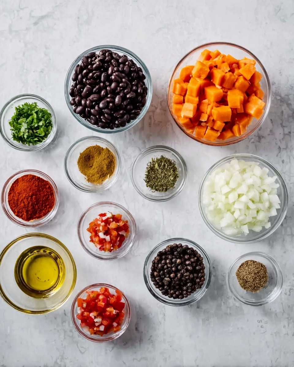 A white marbled surface holds nine small clear glass bowls with different ingredients neatly arranged: a large bowl filled with black beans in the top left, a medium-sized bowl with orange cubed vegetables in the top right, and a medium glass bowl with chopped white onions near the center. Around these are smaller bowls containing bright red powder, a yellow-brown spice mix, golden oil, finely chopped green herbs, diced red tomatoes, black pepper, and a darker red spice, all spaced evenly. The bowls and their contents create a colorful, organized display of ingredients photo taken with an iphone --ar 4:5 --v 7