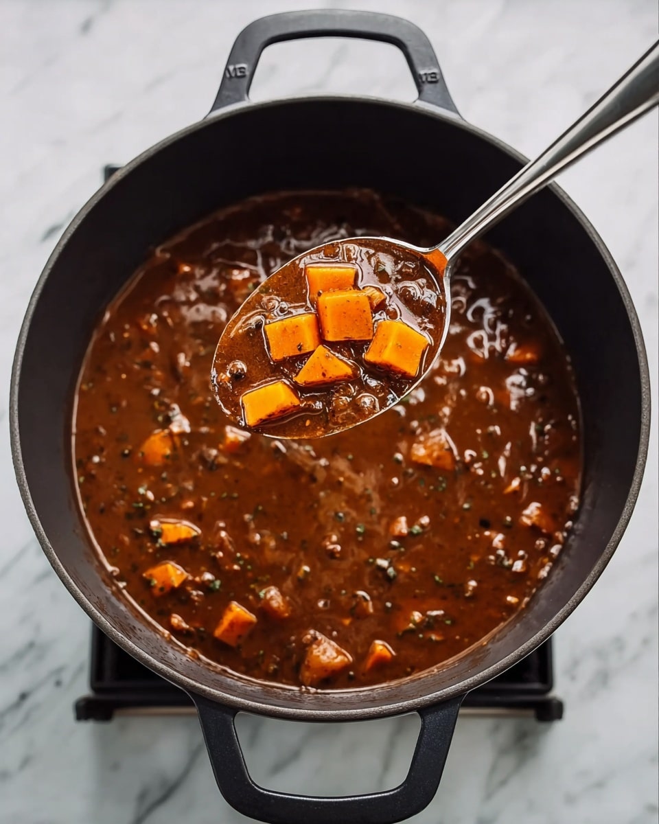 A black pot filled with a thick, dark brown stew that has small orange chunks floating throughout, resting on a stove with a white marbled surface underneath. A metal spoon scoops up some of the stew, showing cube-shaped orange pieces clearly in the center of the spoon. The soup looks rich and shiny with small herbs or spices visible throughout. The black pot has handles on each side and the stew fills the pot almost to the top. Photo taken with an iphone --ar 4:5 --v 7