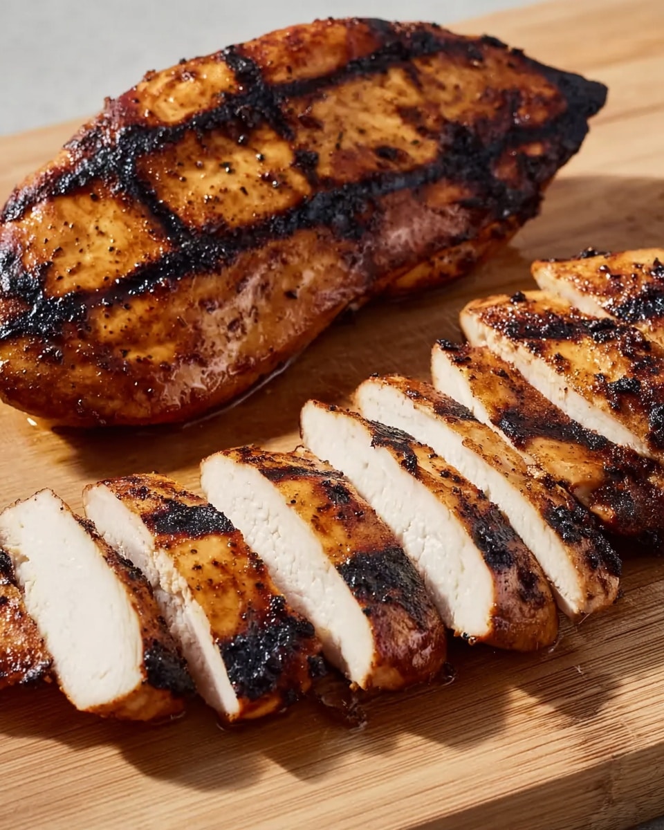The image shows two grilled chicken pieces on a wooden board, one whole piece with dark black char lines across the top and one sliced into five thick pieces placed in front of the whole piece. The grilled chicken has a golden-brown color with dark grill marks and slightly charred edges. The inside of the sliced pieces is white and juicy-looking, contrasting with the darker grilled skin. The wooden board has a light natural wood texture that contrasts with the chicken. photo taken with an iphone --ar 4:5 --v 7