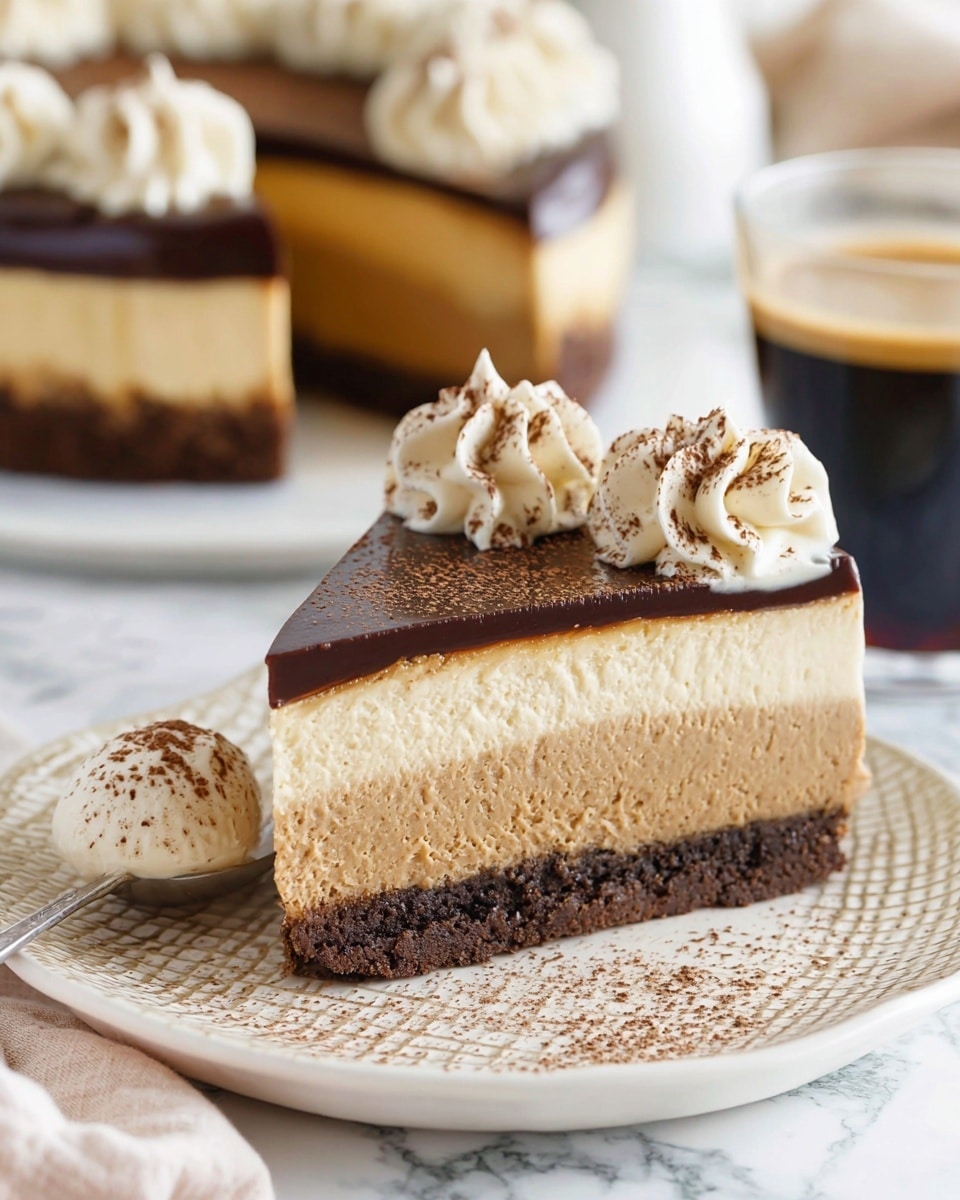 A slice of a three-layered dessert is served on a white plate with a textured woven design. The bottom layer is a dark brown, crumbly crust. The middle layer is thick and light brown with a creamy texture. The top layer is a smooth, shiny dark chocolate glaze sprinkled with fine brown powder. On the very top, there are swirls of light beige whipped cream. A small scoop of the dessert on a silver spoon rests on the plate beside the slice. The background shows the rest of the cake and a glass of dark liquid, all set on a white marbled surface. Photo taken with an iphone --ar 4:5 --v 7