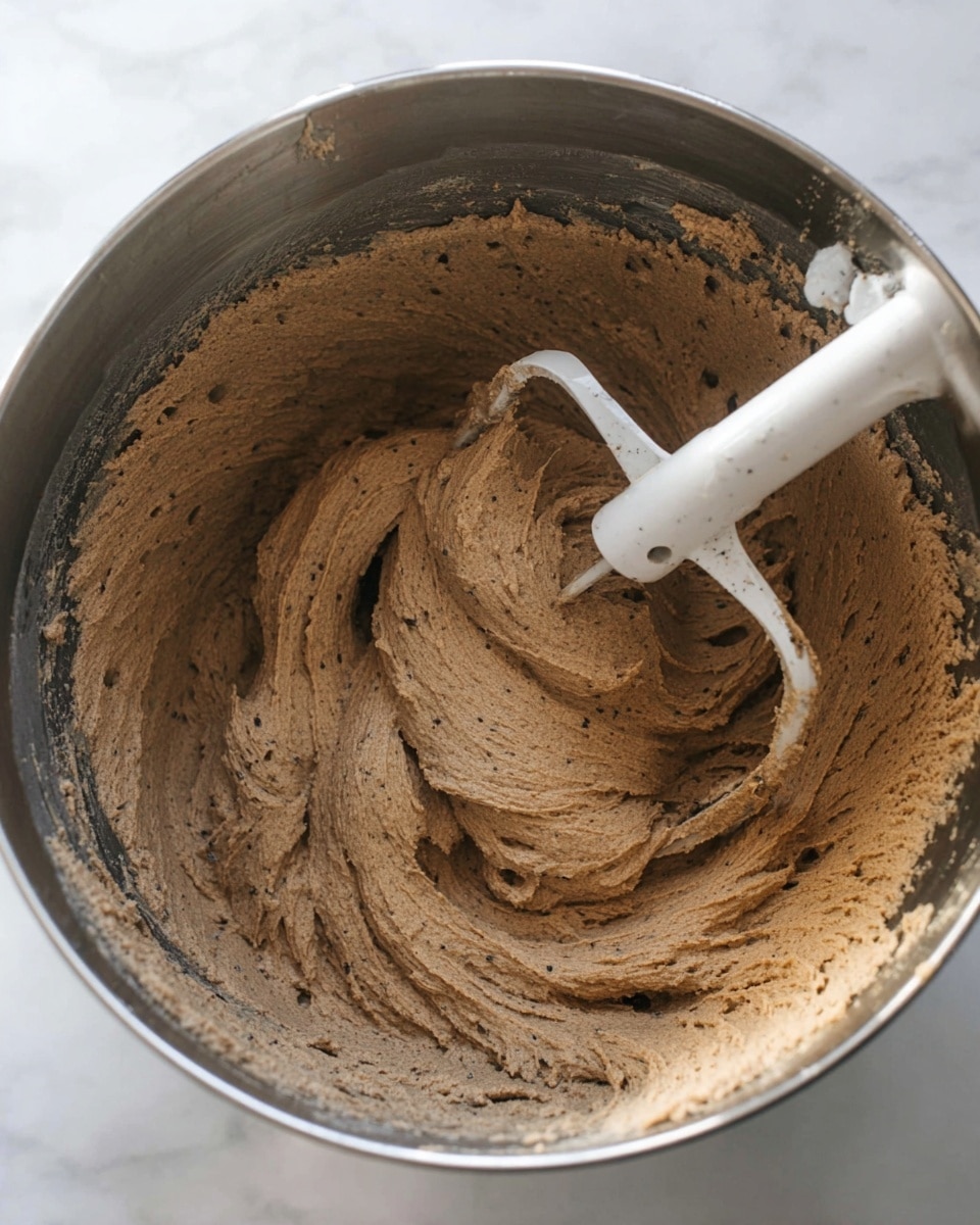 A close-up view inside a mixing bowl shows thick, light brown batter with darker specks throughout, swirling around the white metal paddle attachment in the center. The batter looks smooth and soft with a textured surface, filling most of the bowl. The bowl itself is shiny silver metal, placed on a white marbled surface. Photo taken with an iphone --ar 4:5 --v 7