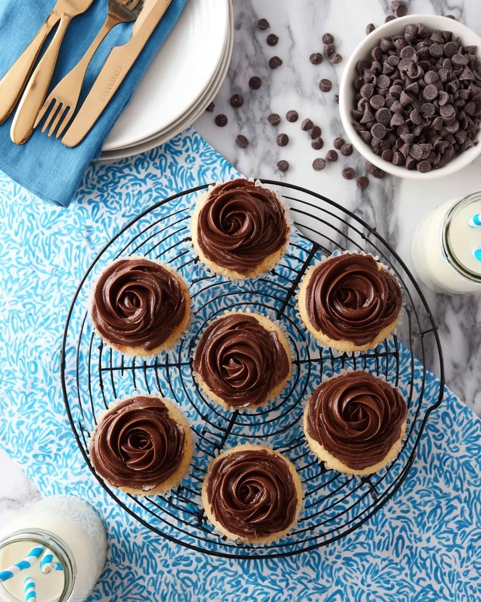 The image shows yellow cupcakes with a smooth chocolate frosting swirled on top in a rose shape. Each cupcake has two layers: the bottom layer is a soft yellow cake with a light texture wrapped in a white paper liner, and the top layer is a rich, dark brown frosting with a shiny and creamy look. The cupcakes are placed closely on a wire cooling rack that sits on a white marbled surface, with the focus on the front cupcake while the others are slightly blurred in the background. photo taken with an iphone --ar 4:5 --v 7