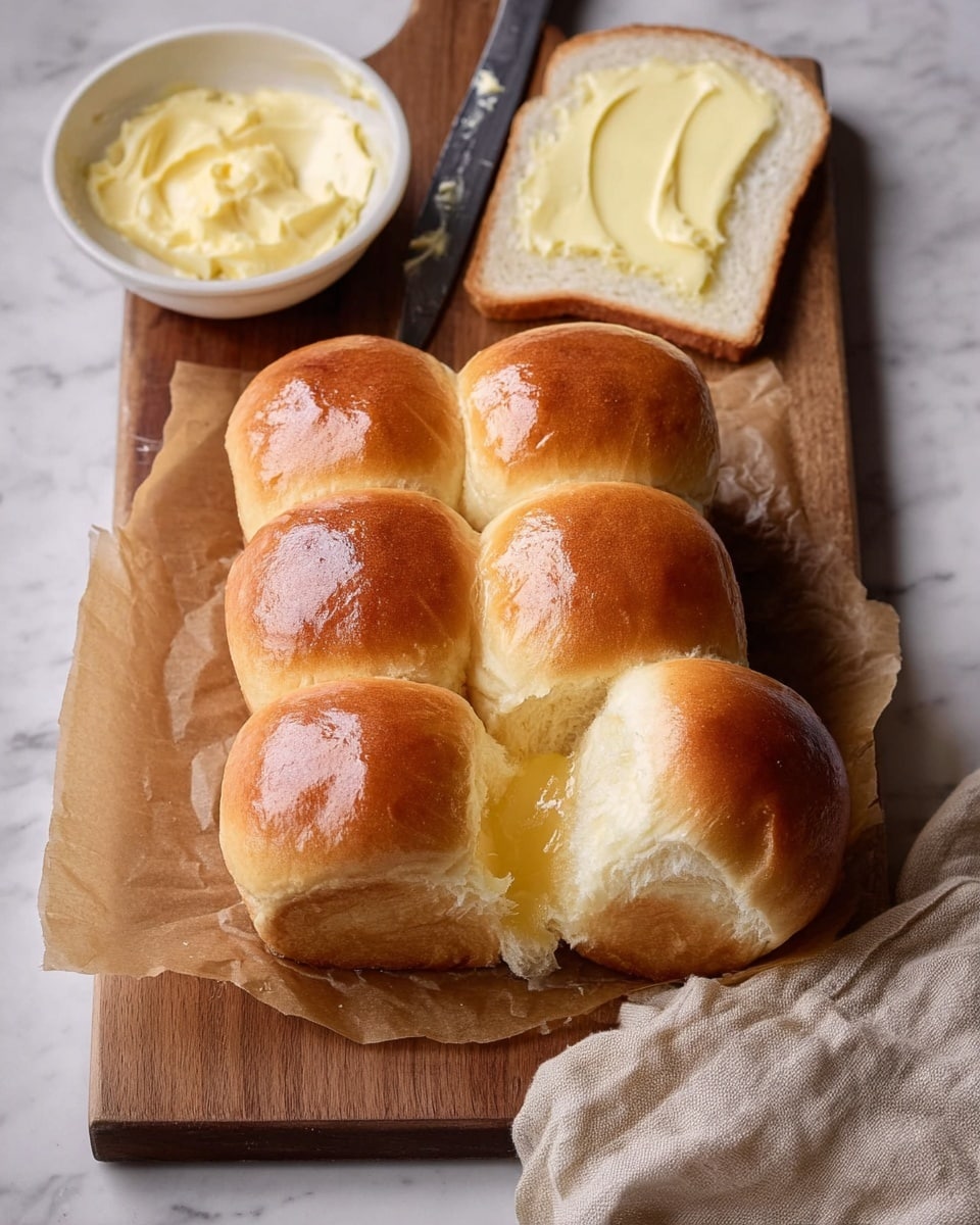 The image shows a cluster of six shiny, golden-brown soft rolls arranged in two rows of three on a piece of brown baking paper placed on a wooden board. One roll is pulled slightly apart, revealing a smooth, melted layer of butter inside. Above the rolls, there is a single soft white slice of bread with a thick spread of creamy butter on its surface. Next to the bread, a small white bowl filled with pale yellow creamy butter sits on the wooden board. A butter knife with some butter residue lies beside the bread. The scene is set on a white marbled surface with a beige cloth partially visible on the bottom right. Photo taken with an iphone --ar 4:5 --v 7